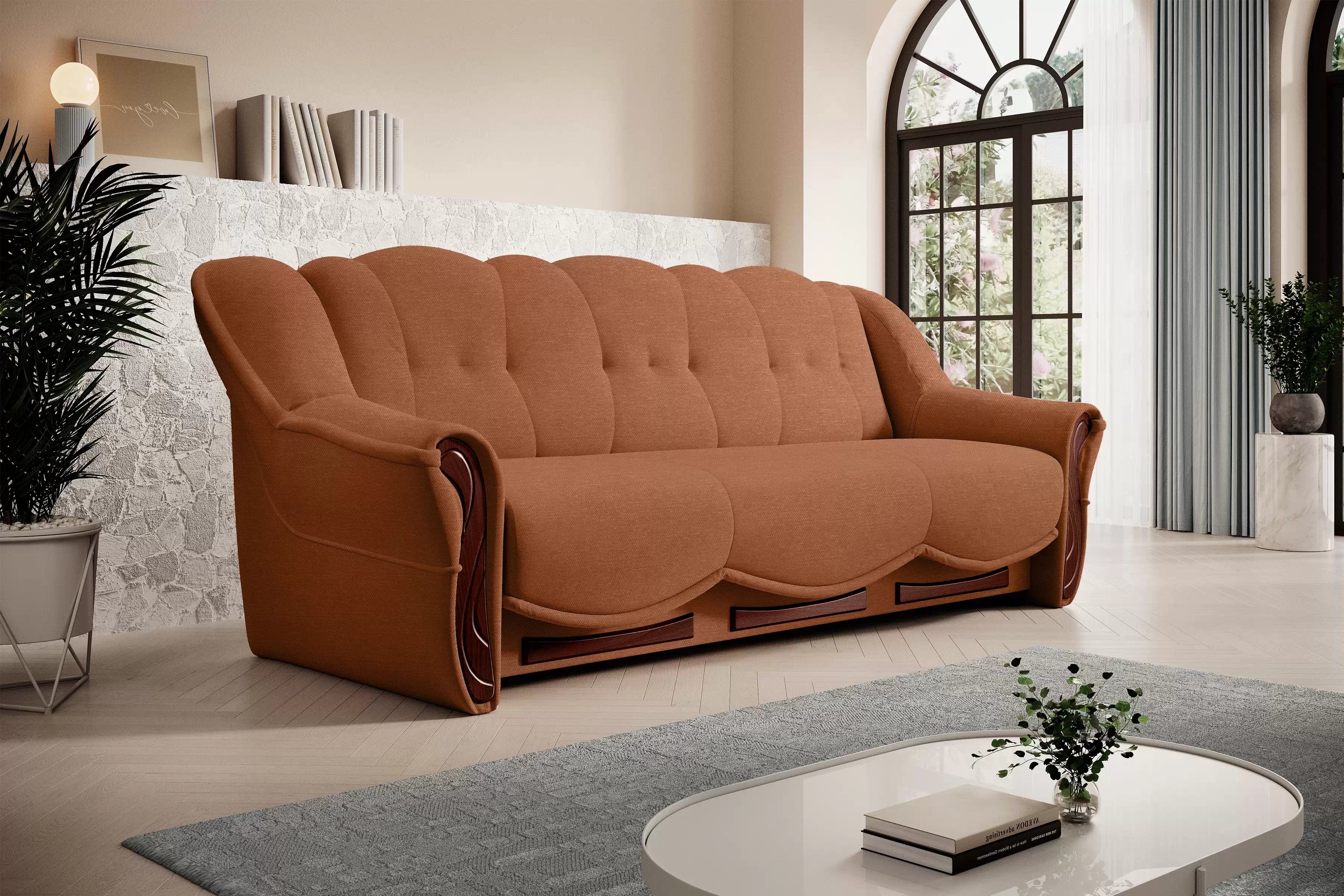 Rozkladacia pohovka do obývačky Walker - hrdzavá látka Austin 9 / tmavý palisander Pohovka rozkladana do obývacej izby Walker - ruda plecionka Austin 9 / tmavý palisander