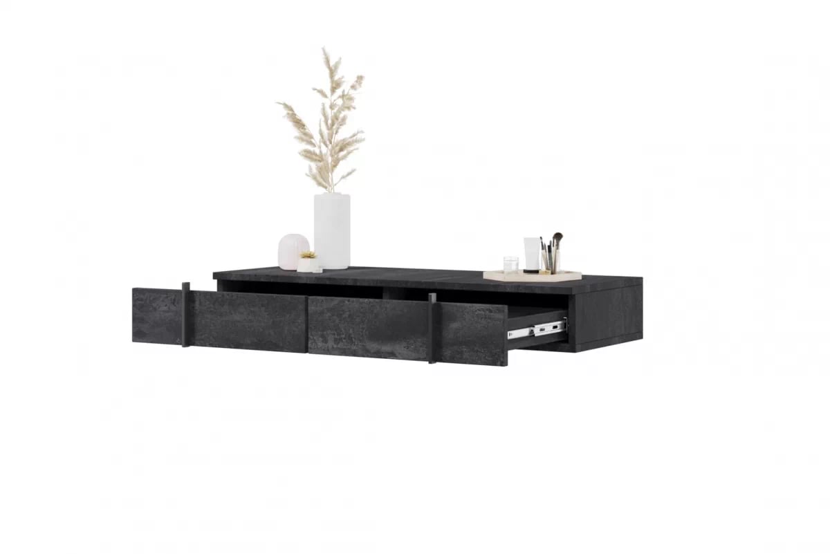 Závesný konzolový / toaletný stolík Larena 120 cm - čierny betón / čierne úchytky závesná Konzolový stolík / Toaletný Stolík Larena so zásuvkami 120 cm - Čierny beton / čierny úchyty