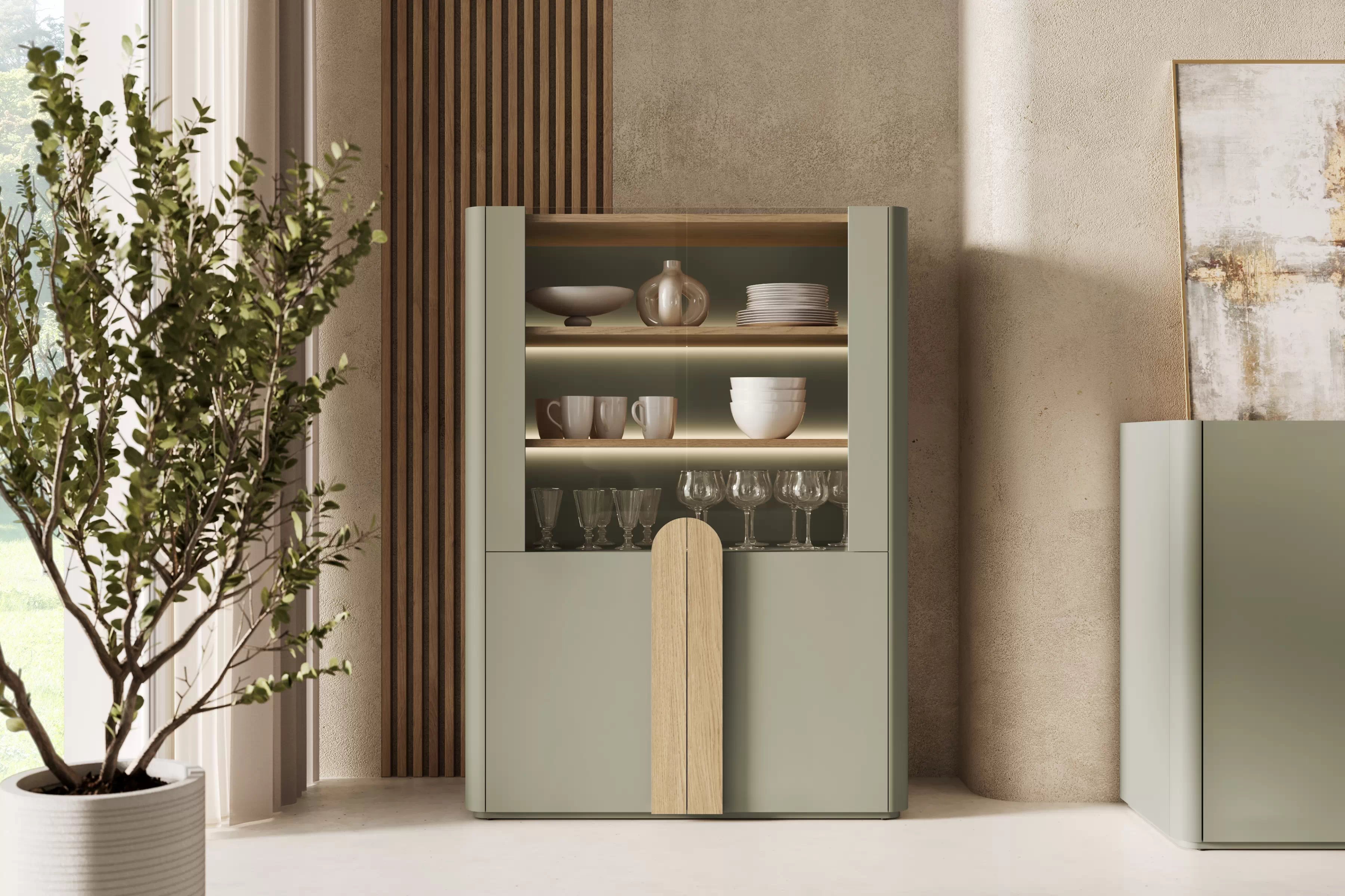 Vitrína Amilio 100 cm dvoudveřová - eukalyptus / dub baltic dune / úchyty dub přírodní Vitrína Amilio pro obývacího pokoje 100 cm - eukaliptus / dub baltic dune / Úchytky dub přírodní