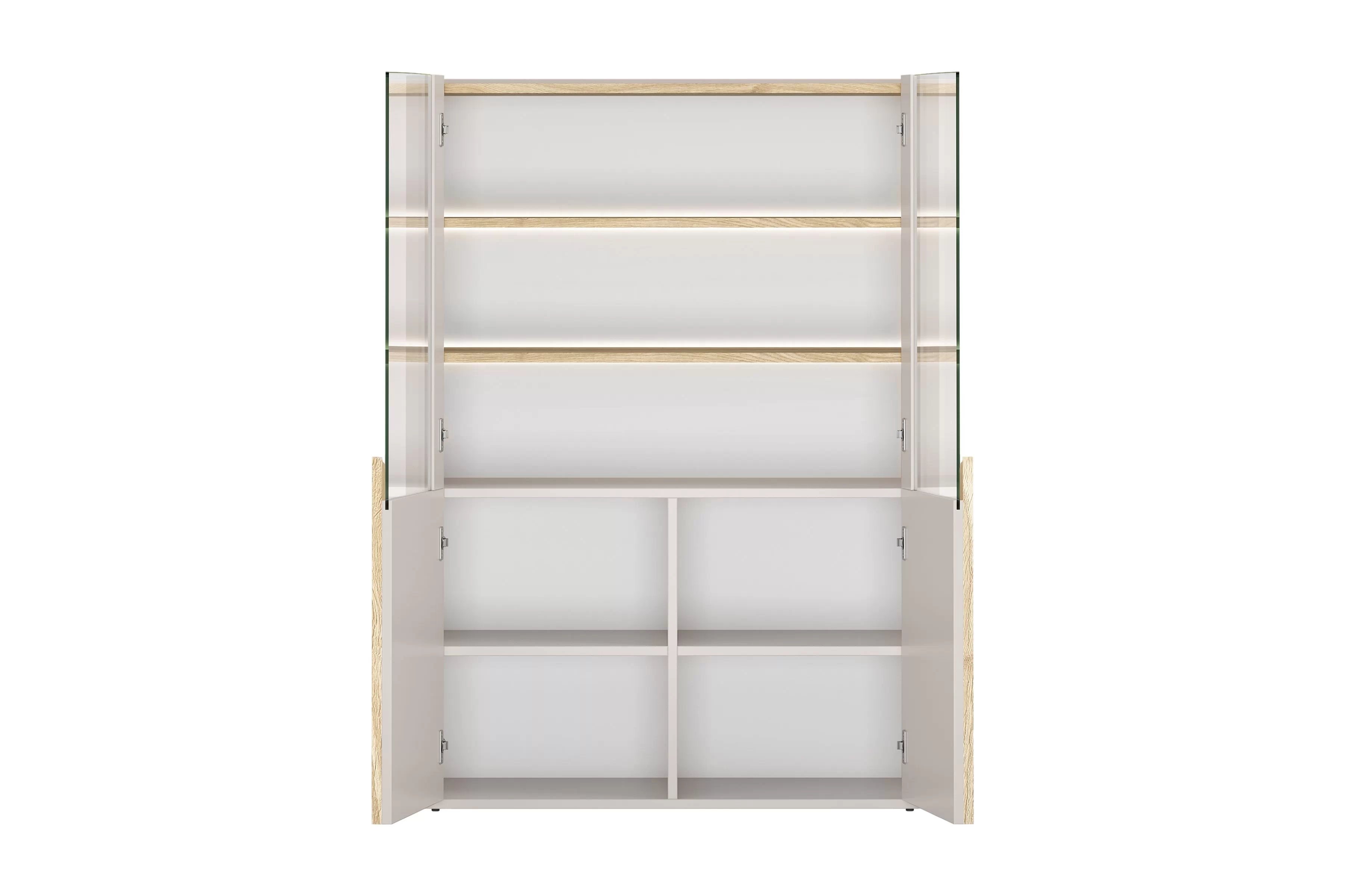 Vitrína Amilio 100 cm - kašmírová / dub olejovaný / dub svetlý Vitrína Amilio do obývacej izby 100 cm - kašmír / Dub olejowany / úchyty Svetlý dub