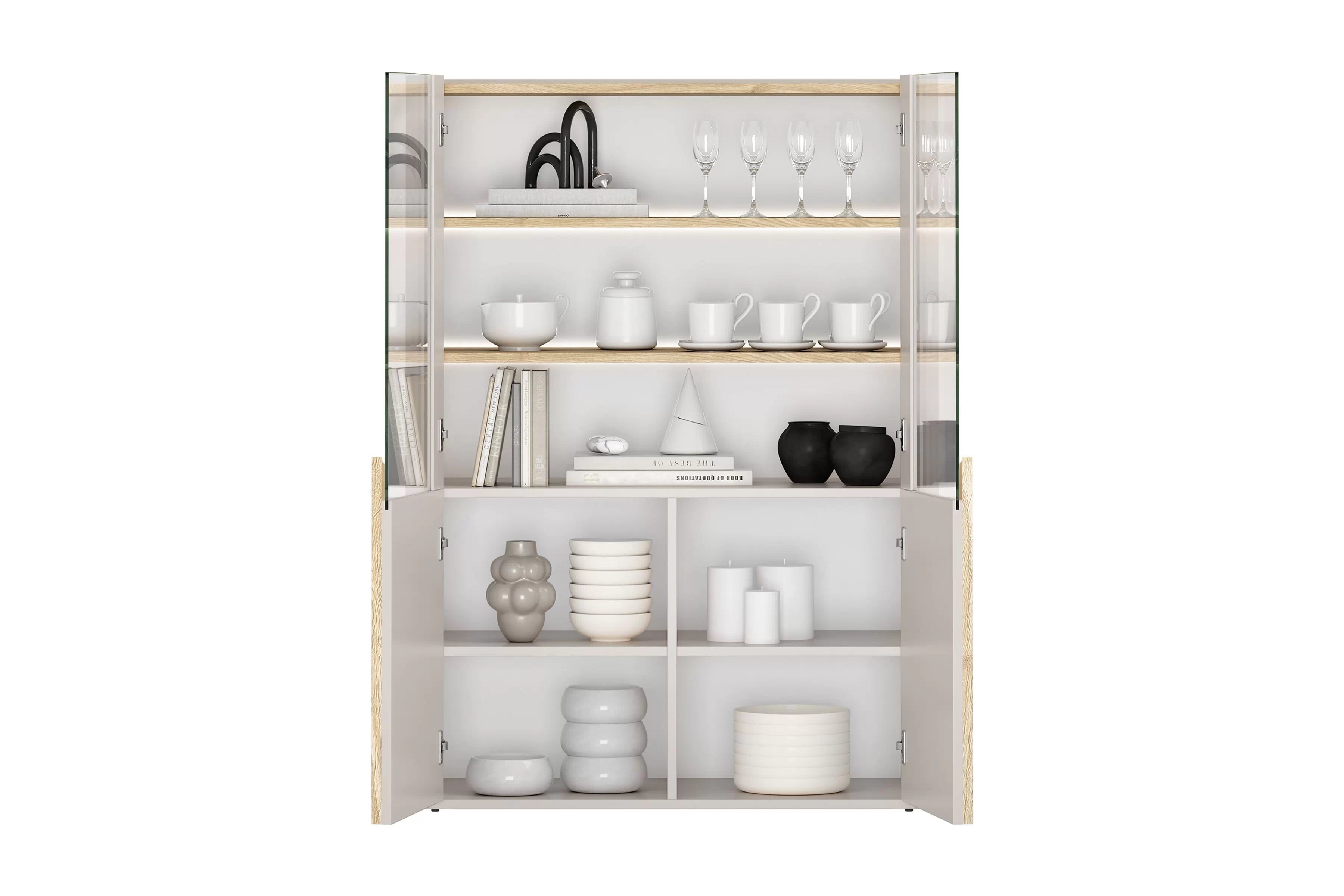 Vitrína Amilio 100 cm - kašmírová / dub olejovaný / dub svetlý Vitrína Amilio do obývacej izby 100 cm - kašmír / Dub olejowany / úchyty Svetlý dub