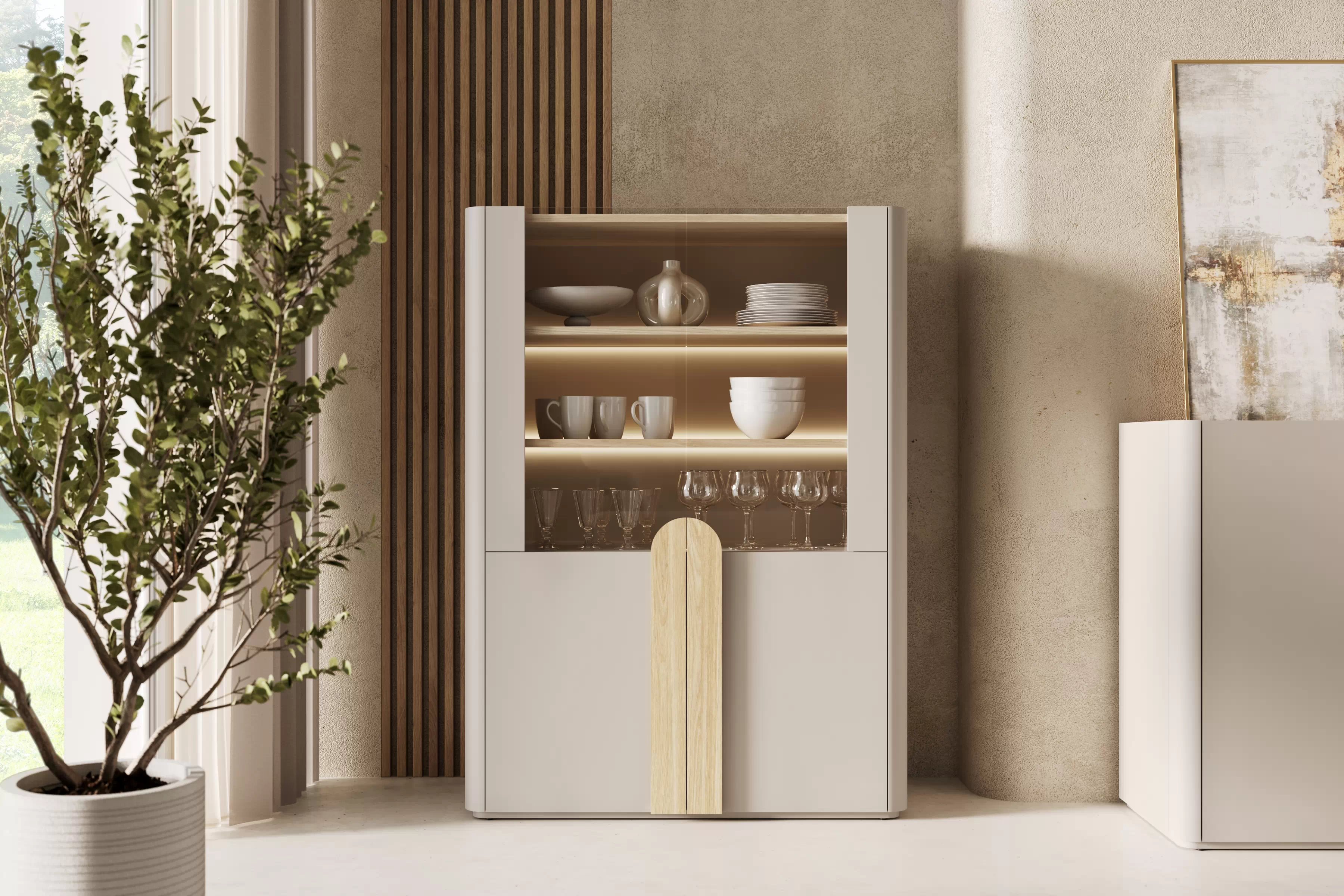 Vitrína Amilio 100 cm dvoudveřová - kašmír / olejovaný dub / úchyty světlý dub Vitrína Amilio pro obývacího pokoje 100 cm - kašmír / dub olejowany / Úchytky světlý dub