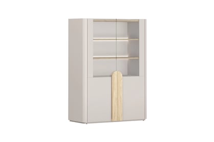 Vitrína Amilio 100 cm dvoudveřová - kašmír / olejovaný dub / úchyty světlý dub