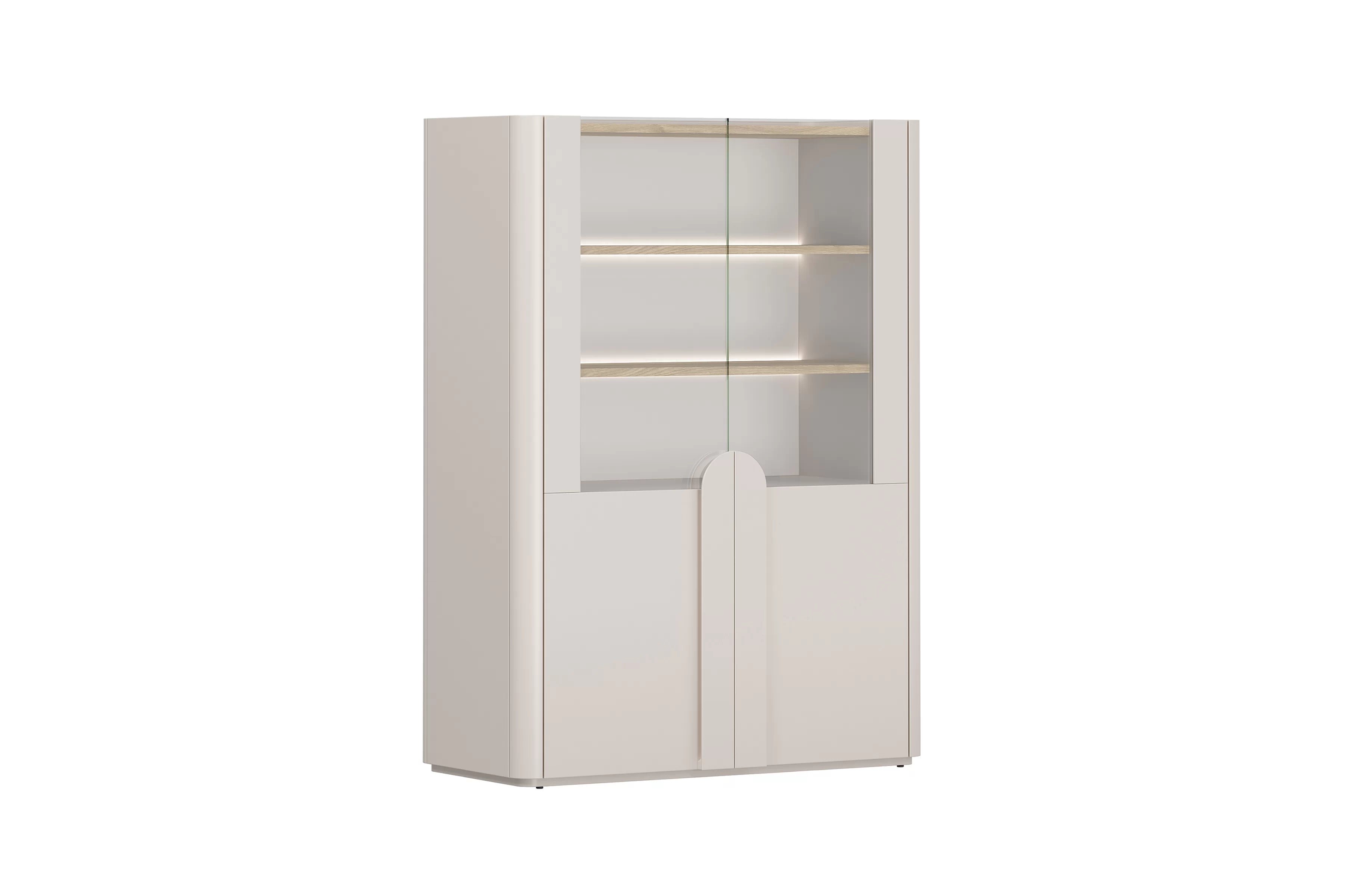 Vitrína Amilio 100 cm dvoudveřová - kašmír / olejovaný dub / úchyty kašmír Vitrína Amilio pro obývacího pokoje 100 cm - kašmír / dub olejowany / Úchytky kašmír