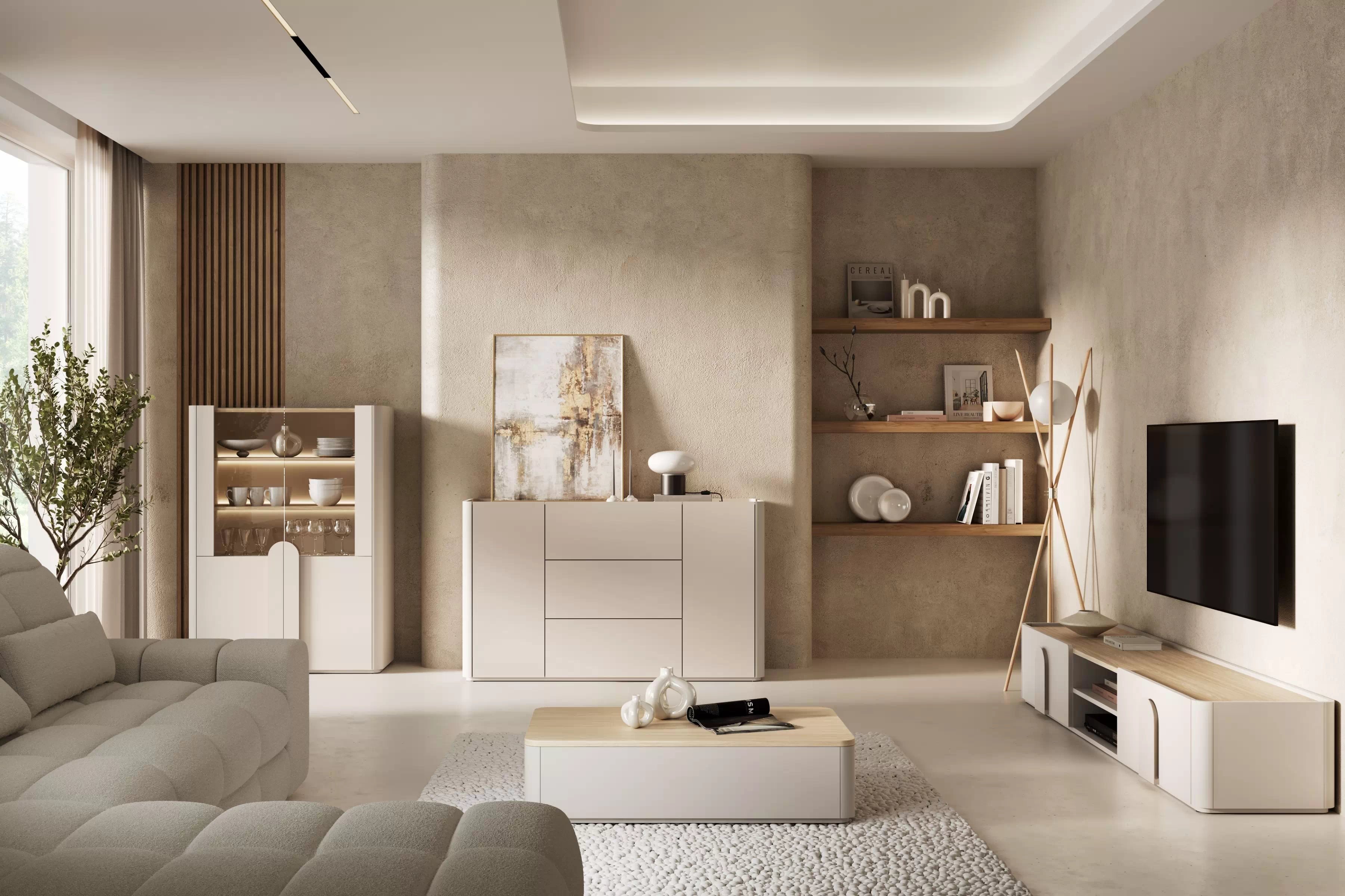 Vitrína Amilio 100 cm - kašmírová / dub olejovaný Vitrína Amilio do obývacej izby 100 cm - kašmír / Dub olejowany / úchyty kašmír