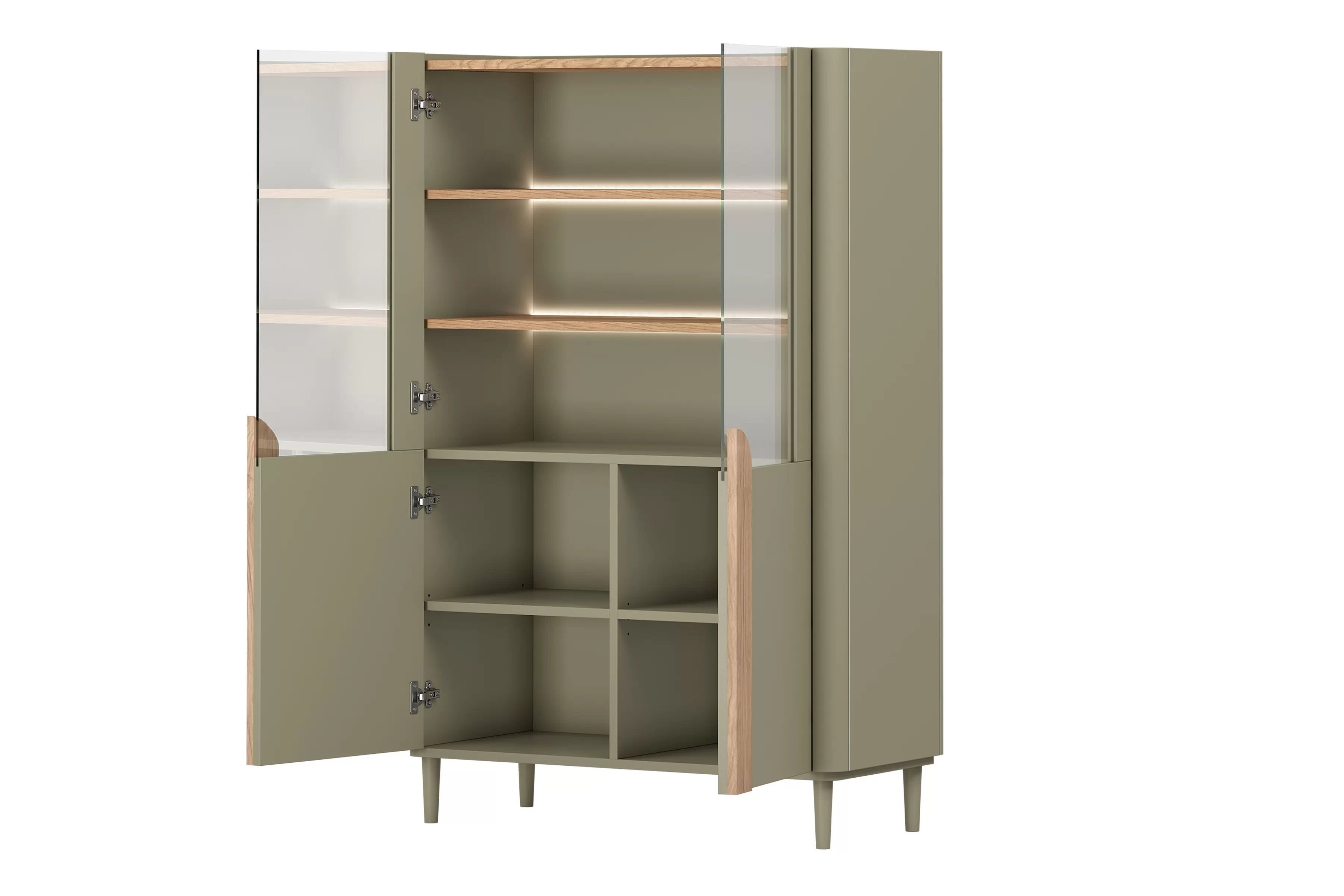 Vitrína Amilio 100 cm - eukalyptus / dub baltic dune / dub prírodný Vitrína Amilio do obývacej izby 100 cm na nôžkach - eukaliptus / Dub baltic dune / úchyty Dub prírodné