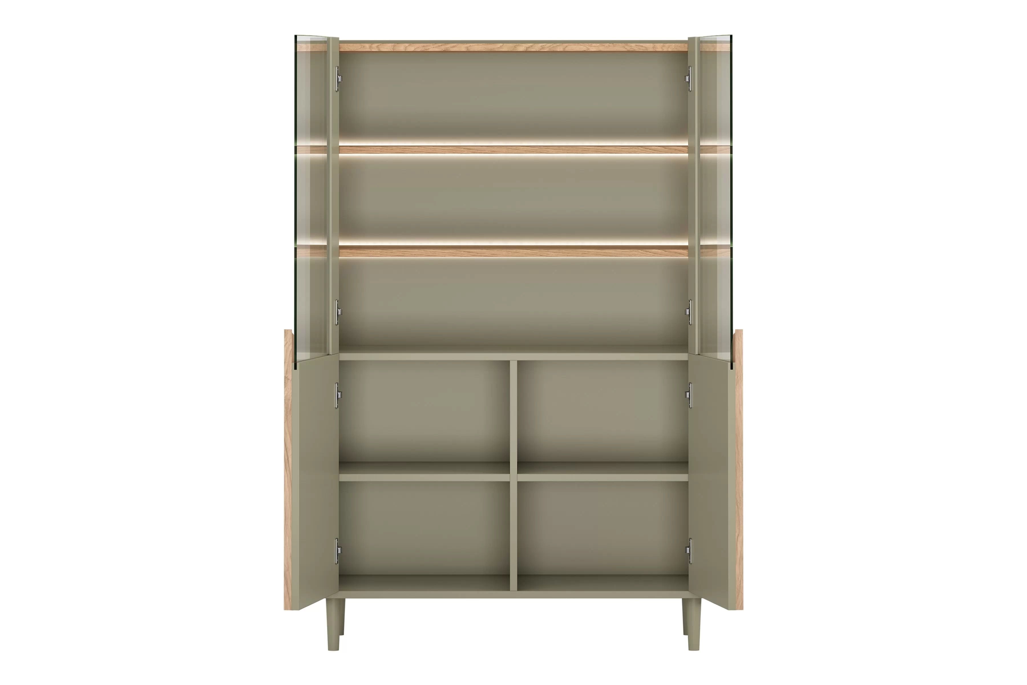 Vitrína Amilio 100 cm - eukalyptus / dub baltic dune / dub prírodný Vitrína Amilio do obývacej izby 100 cm na nôžkach - eukaliptus / Dub baltic dune / úchyty Dub prírodné