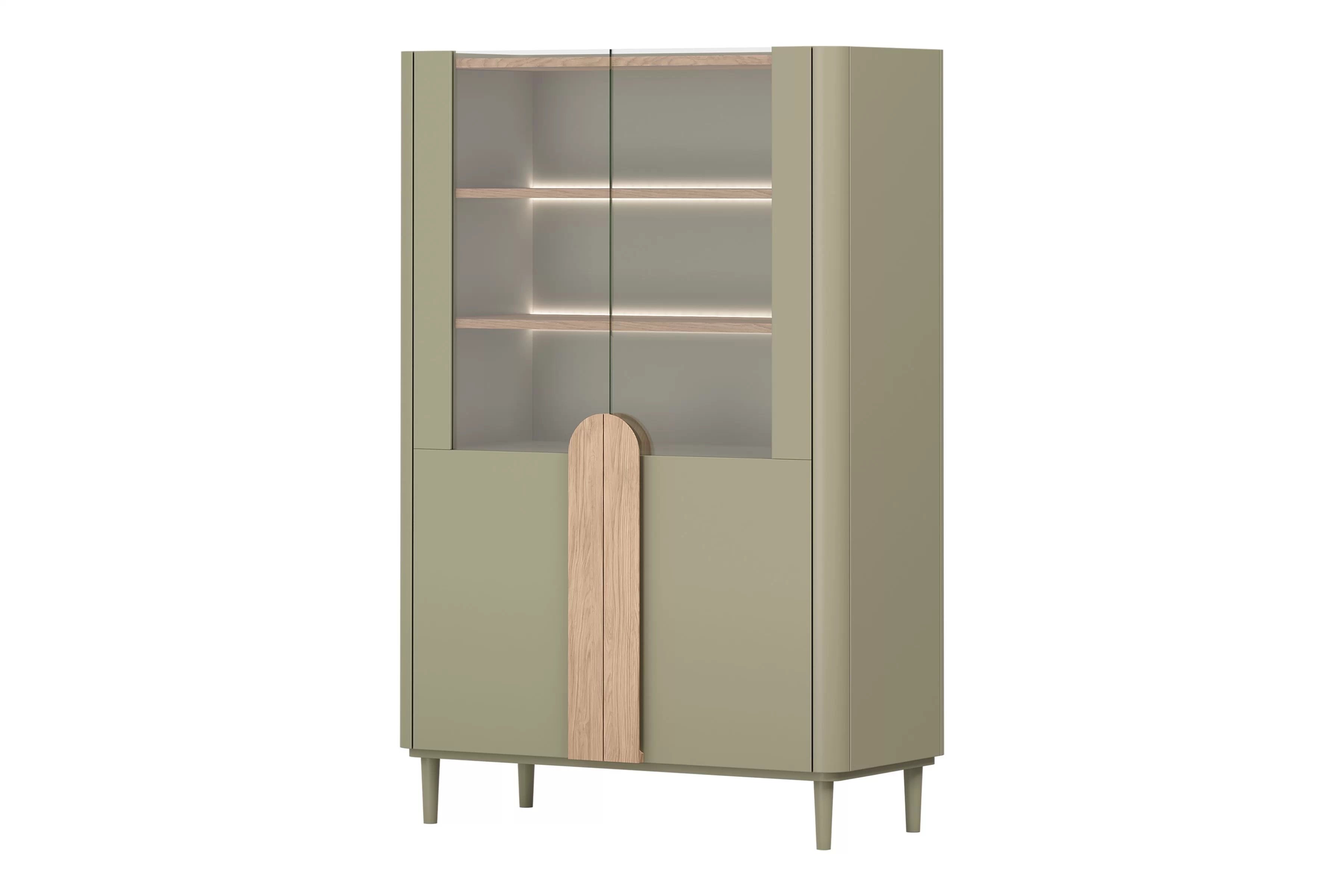 Vitrína Amilio 100 cm - eukalyptus / dub baltic dune / dub prírodný Vitrína Amilio do obývacej izby 100 cm na nôžkach - eukaliptus / Dub baltic dune / úchyty Dub prírodné