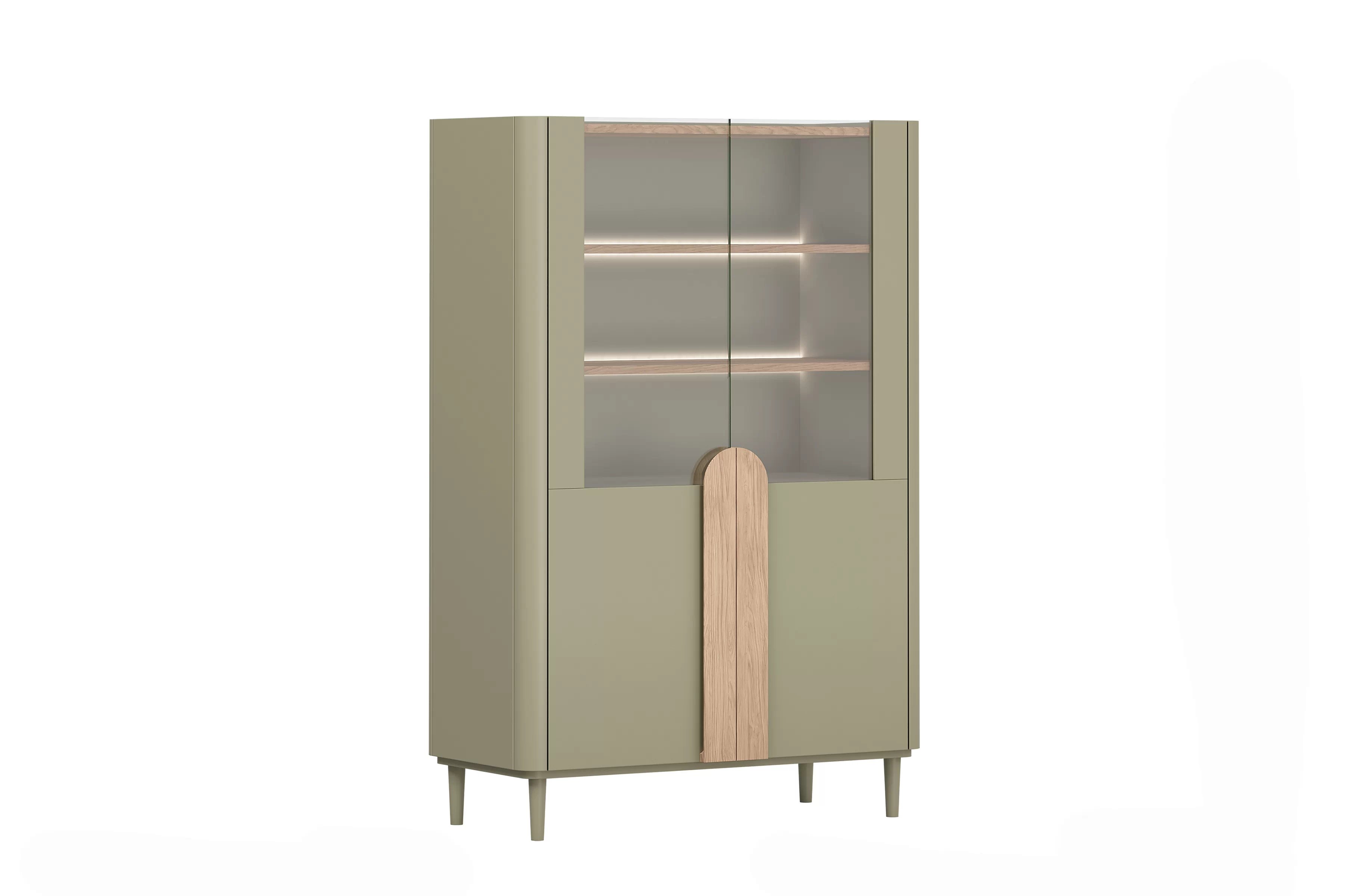 Vitrína Amilio 100 cm dvoudveřová na nožkách - eukalyptus / dub baltic dune / úchyty dub přírodní Vitrína Amilio pro obývacího pokoje 100 cm na nožkách - eukaliptus / dub baltic dune / Úchytky dub přírodní