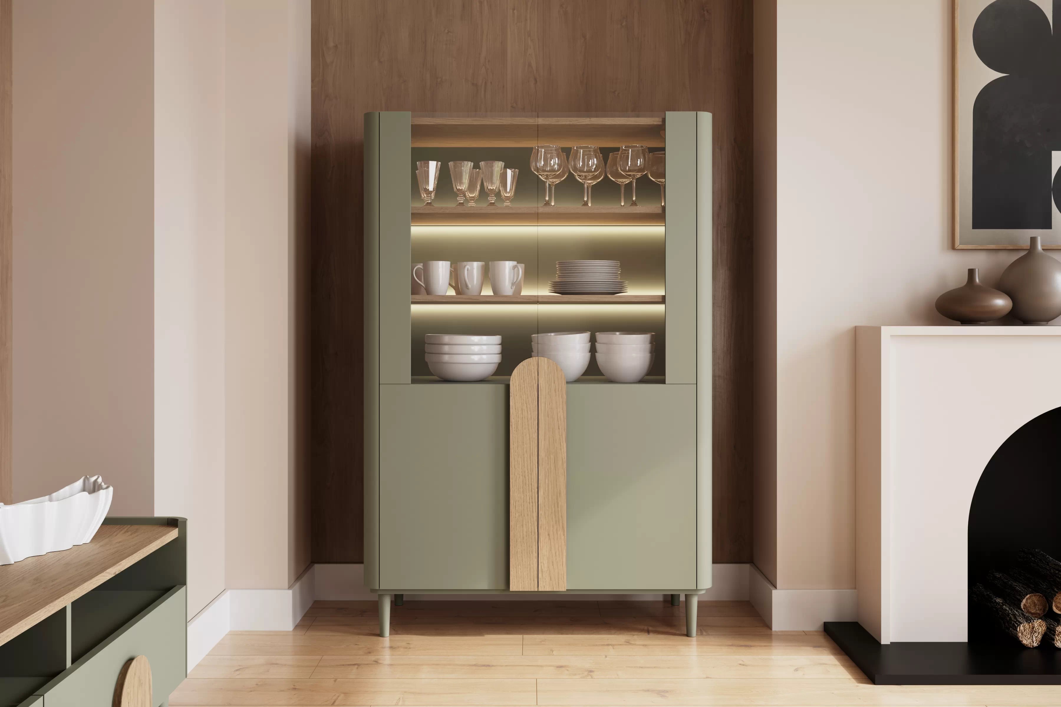 Vitrína Amilio 100 cm dvoudveřová na nožkách - eukalyptus / dub baltic dune / úchyty dub přírodní Vitrína Amilio pro obývacího pokoje 100 cm na nožkách - eukaliptus / dub baltic dune / Úchytky dub přírodní