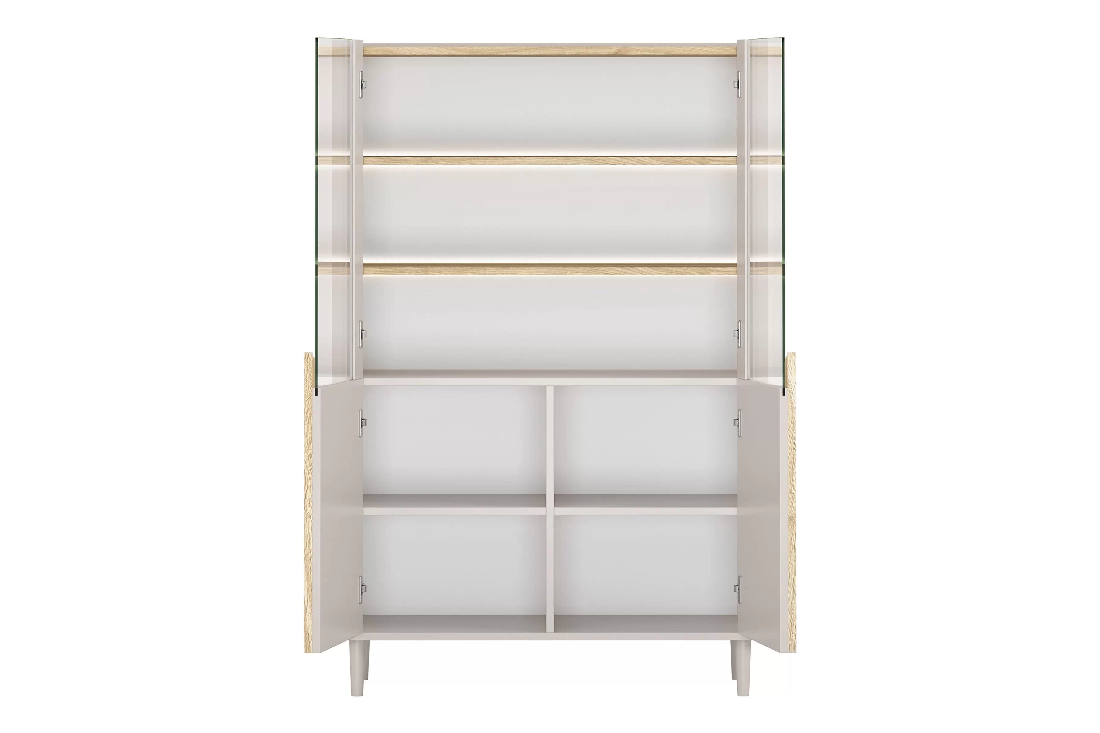 Vitrína Amilio 100 cm na nožičkách - kašmírová / dub olejovaný / dub svetlý Vitrína Amilio do obývacej izby 100 cm na nôžkach - kašmír / Dub olejowany / úchyty Svetlý dub