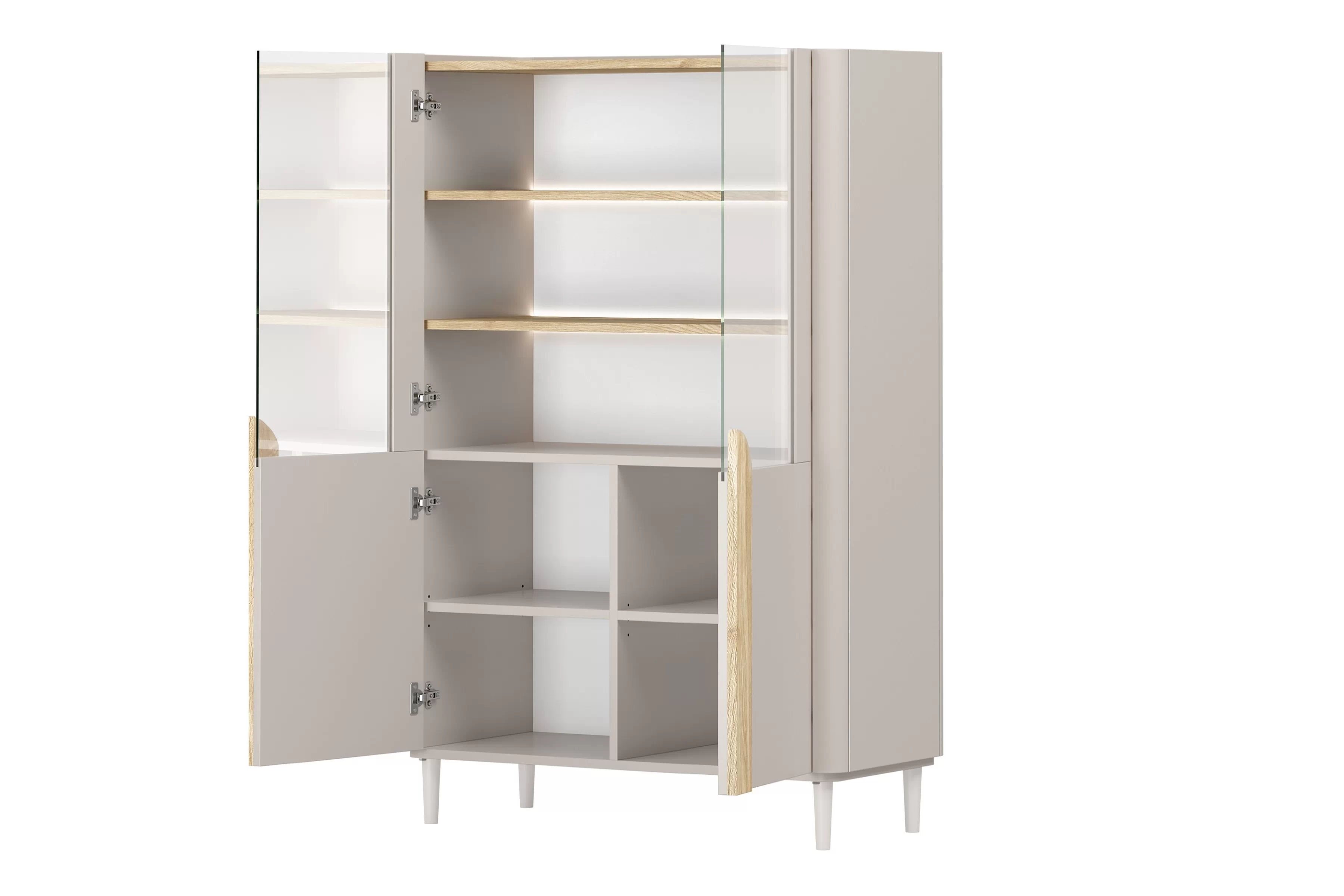 Vitrína Amilio 100 cm na nožičkách - kašmírová / dub olejovaný / dub svetlý Vitrína Amilio do obývacej izby 100 cm na nôžkach - kašmír / Dub olejowany / úchyty Svetlý dub