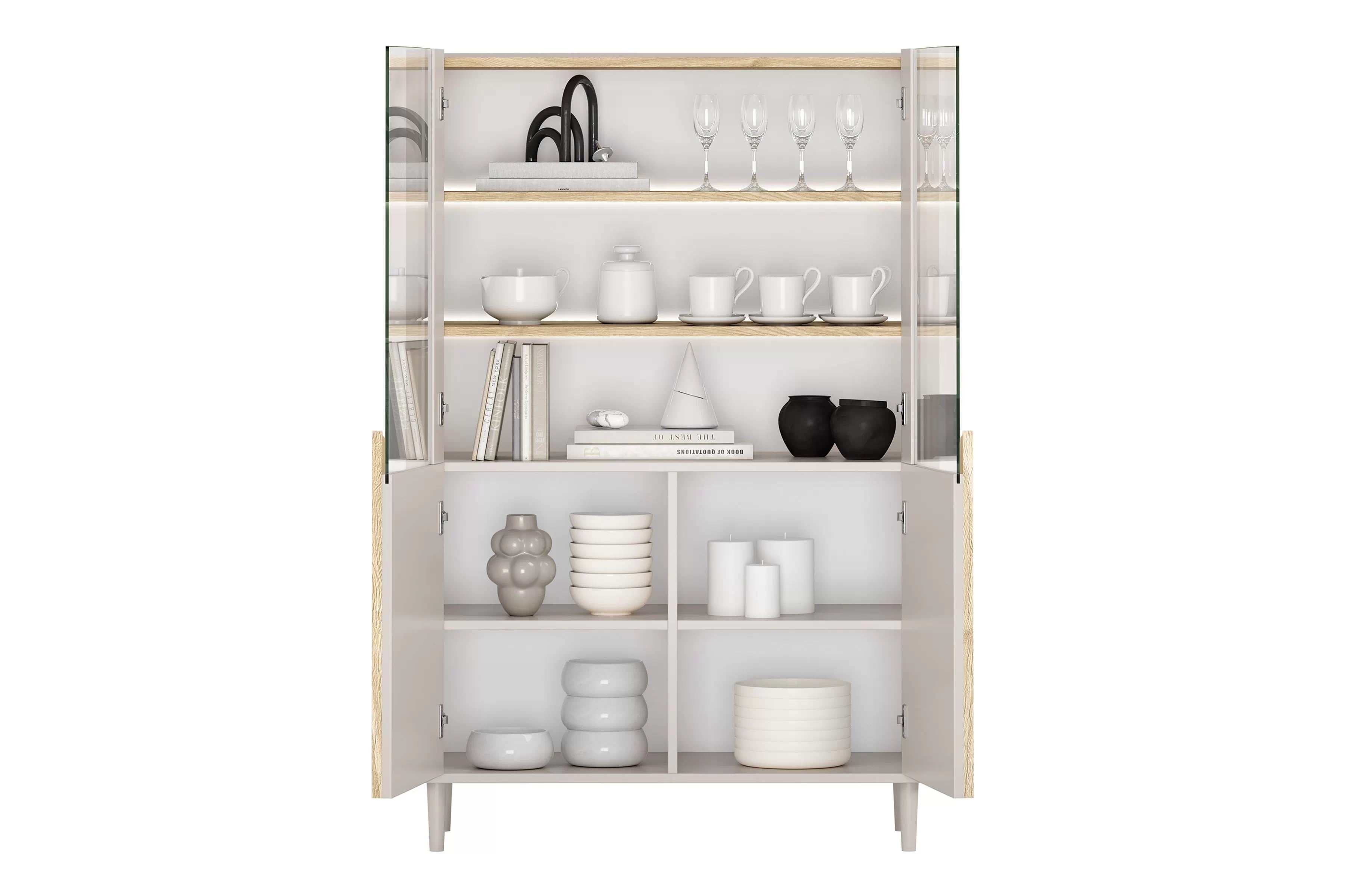 Vitrína Amilio 100 cm na nožičkách - kašmírová / dub olejovaný / dub svetlý Vitrína Amilio do obývacej izby 100 cm na nôžkach - kašmír / Dub olejowany / úchyty Svetlý dub