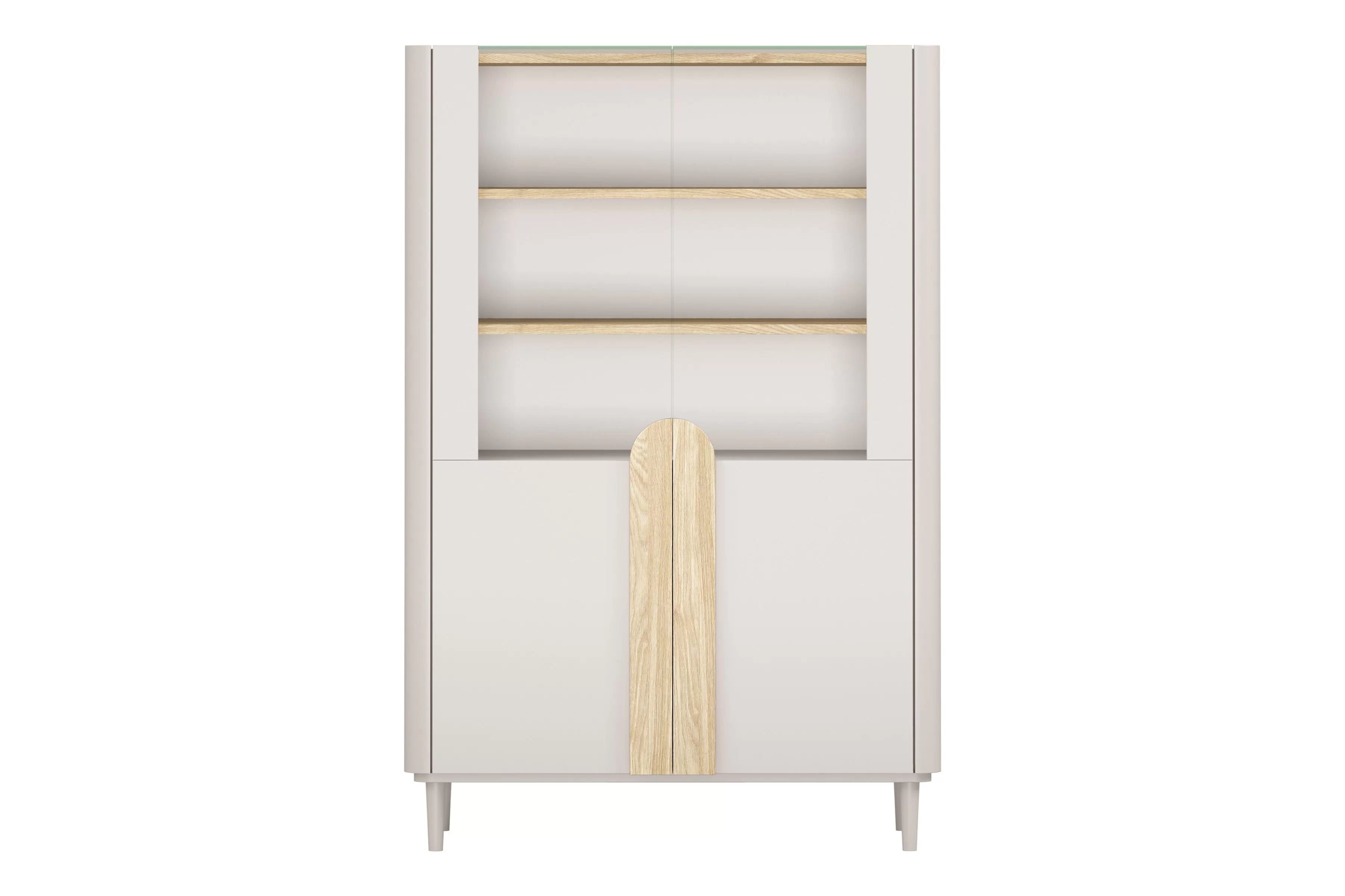 Vitrína Amilio 100 cm na nožičkách - kašmírová / dub olejovaný / dub svetlý Vitrína Amilio do obývacej izby 100 cm na nôžkach - kašmír / Dub olejowany / úchyty Svetlý dub