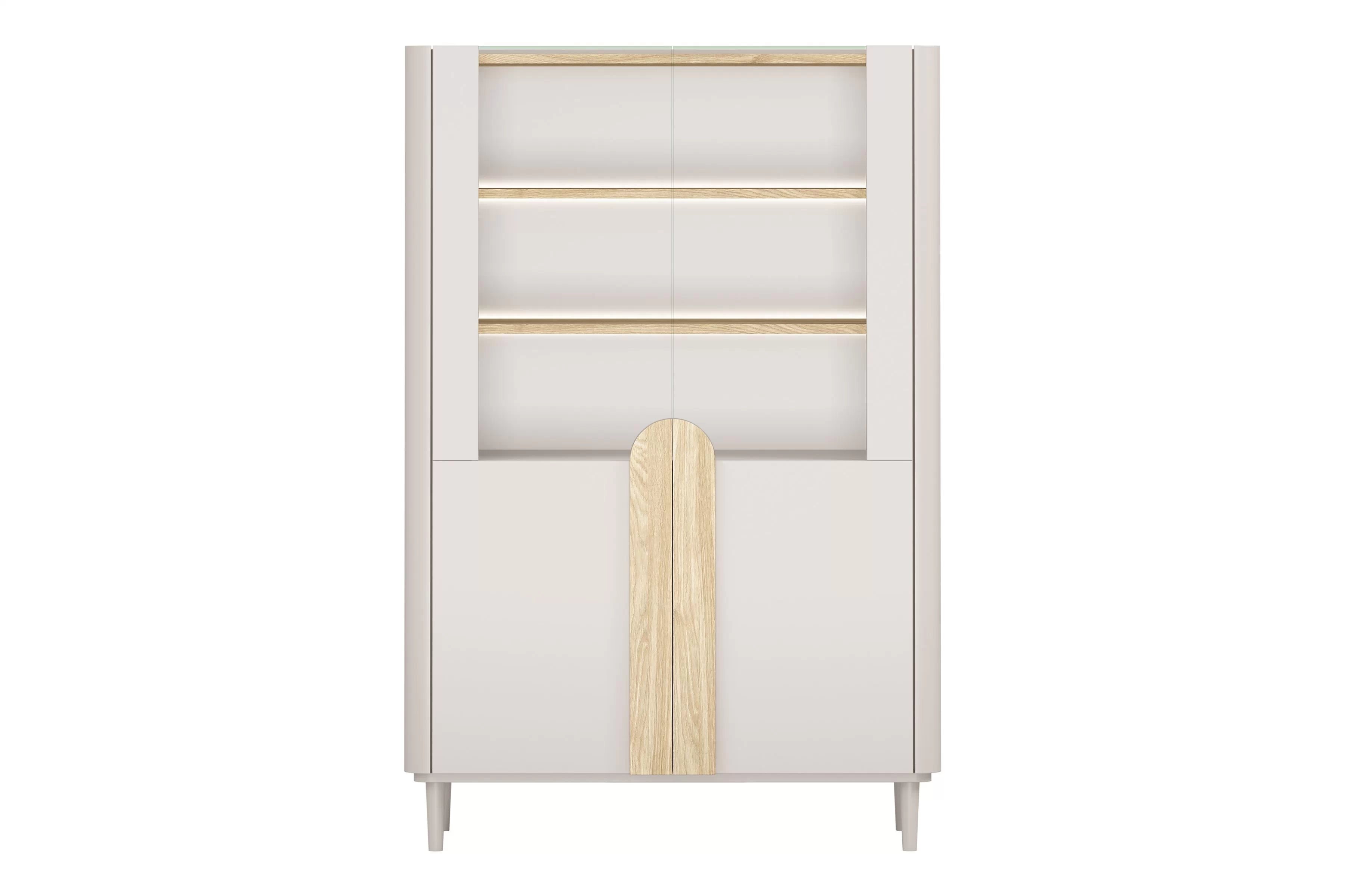 Vitrína Amilio 100 cm na nožičkách - kašmírová / dub olejovaný / dub svetlý Vitrína Amilio do obývacej izby 100 cm na nôžkach - kašmír / Dub olejowany / úchyty Svetlý dub