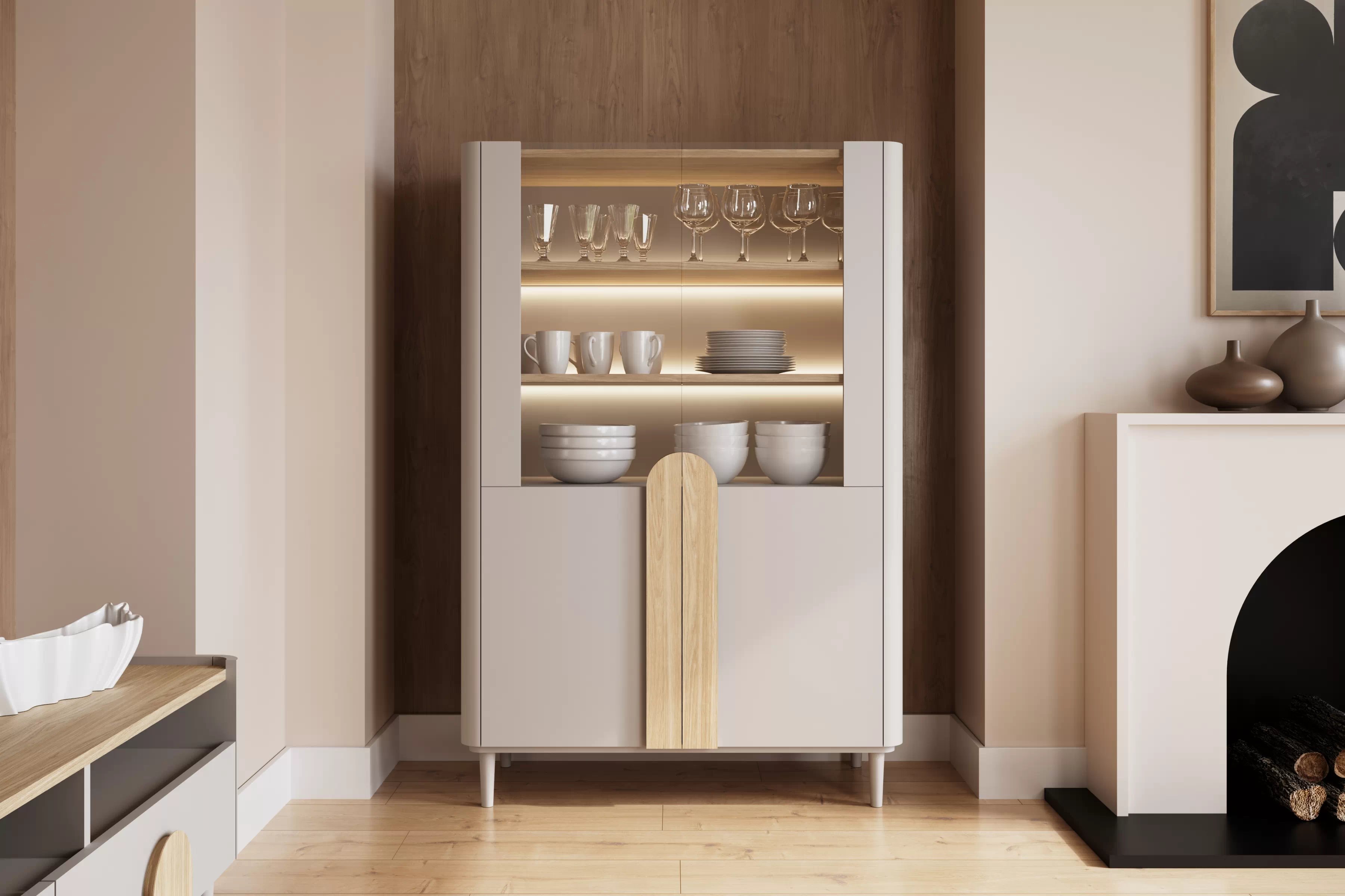 Vitrína Amilio 100 cm dvoudveřová na nožkách - kašmír / olejovaný dub / úchyty světlý dub Vitrína Amilio pro obývacího pokoje 100 cm na nožkách - kašmír / dub olejowany / Úchytky světlý dub