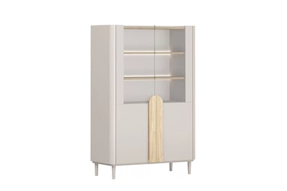 Vitrína Amilio 100 cm dvoudveřová na nožkách - kašmír / olejovaný dub / úchyty světlý dub