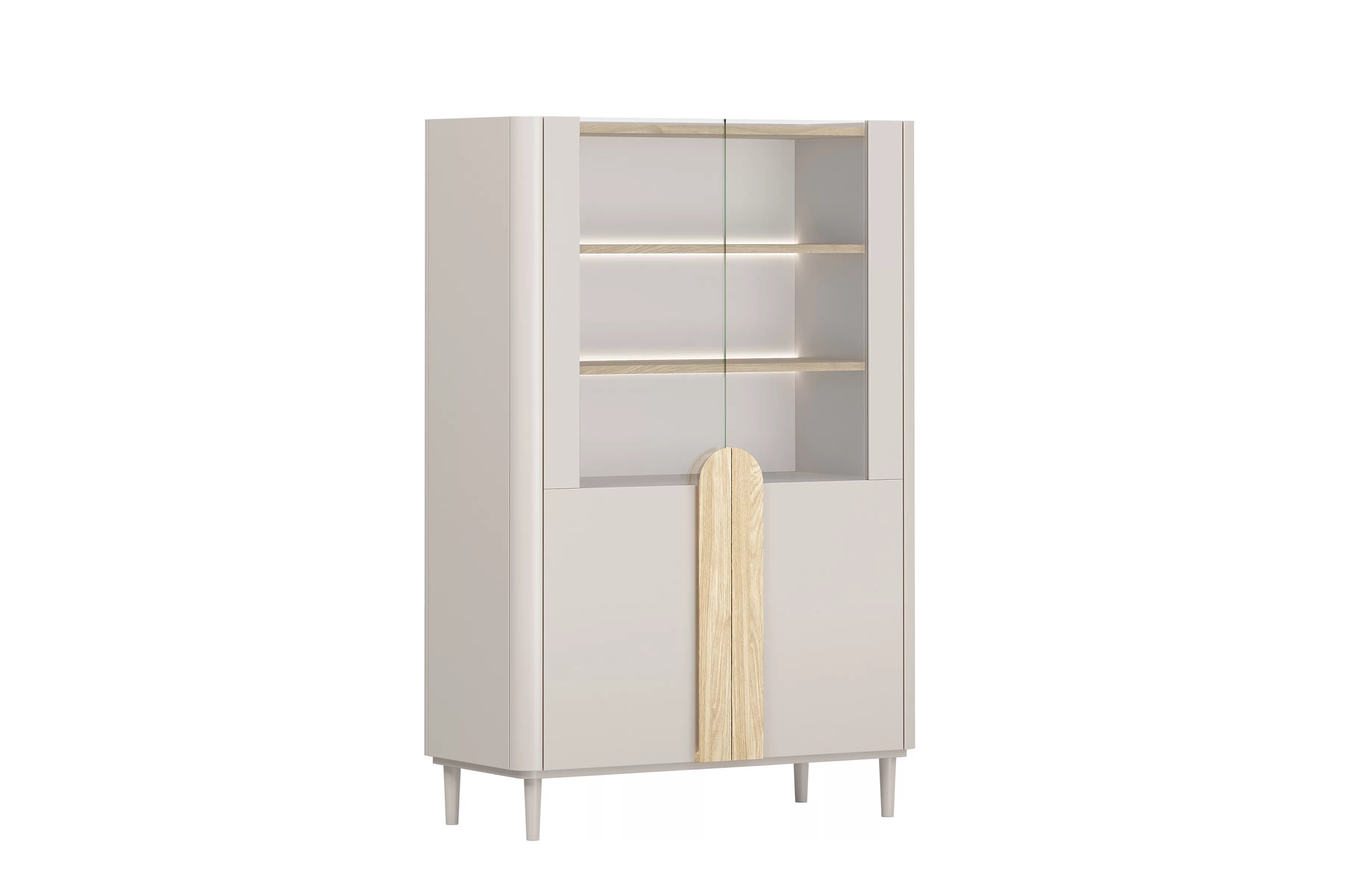 Vitrína Amilio 100 cm dvoudveřová na nožkách - kašmír / olejovaný dub / úchyty světlý dub Vitrína Amilio pro obývacího pokoje 100 cm na nožkách - kašmír / dub olejowany / Úchytky světlý dub