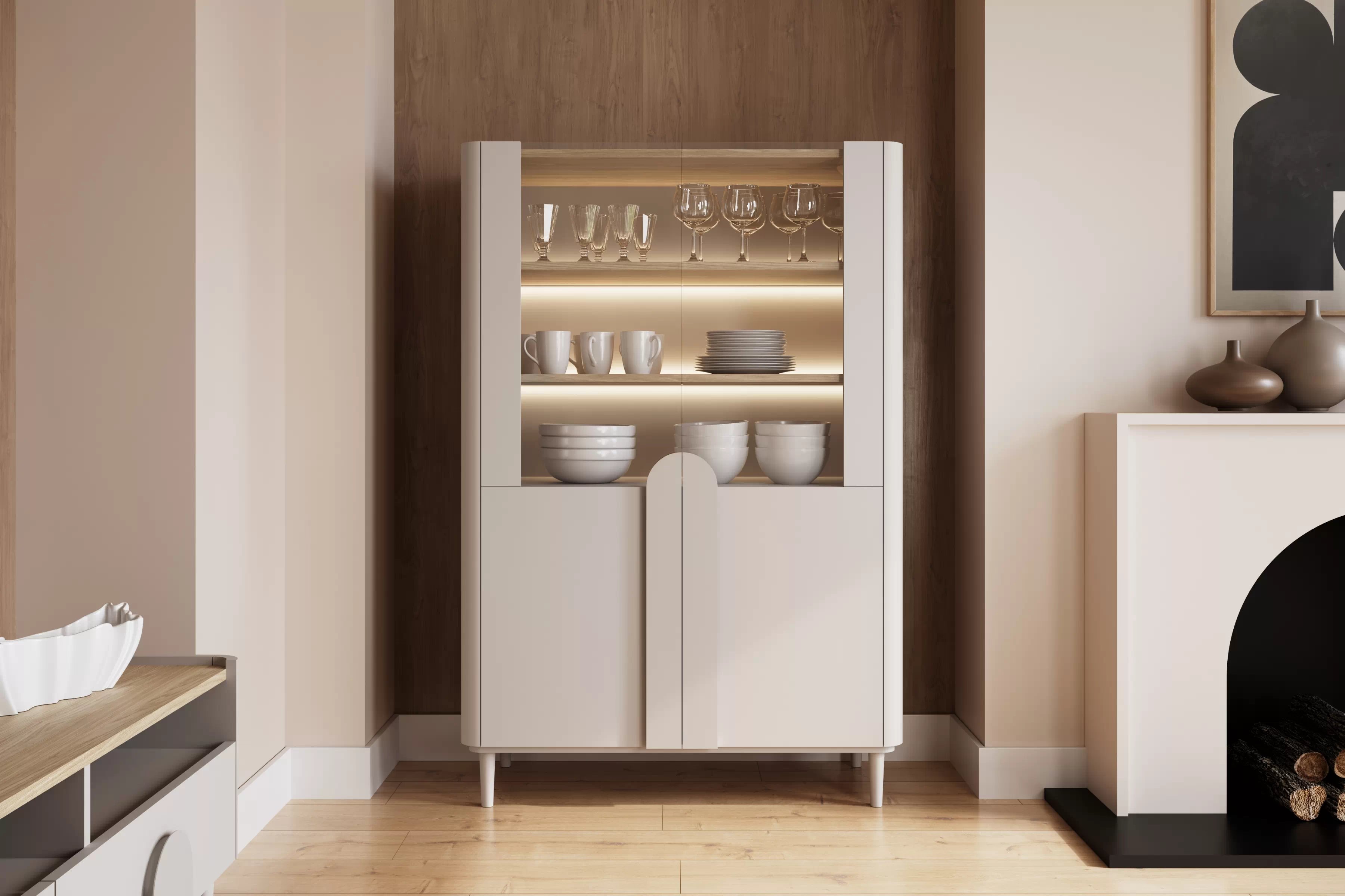 Vitrína Amilio 100 cm dvoudveřová na nožkách - kašmír / olejovaný dub / úchyty kašmír Vitrína Amilio pro obývacího pokoje 100 cm na nožkách - kašmír / dub olejowany / Úchytky kašmír