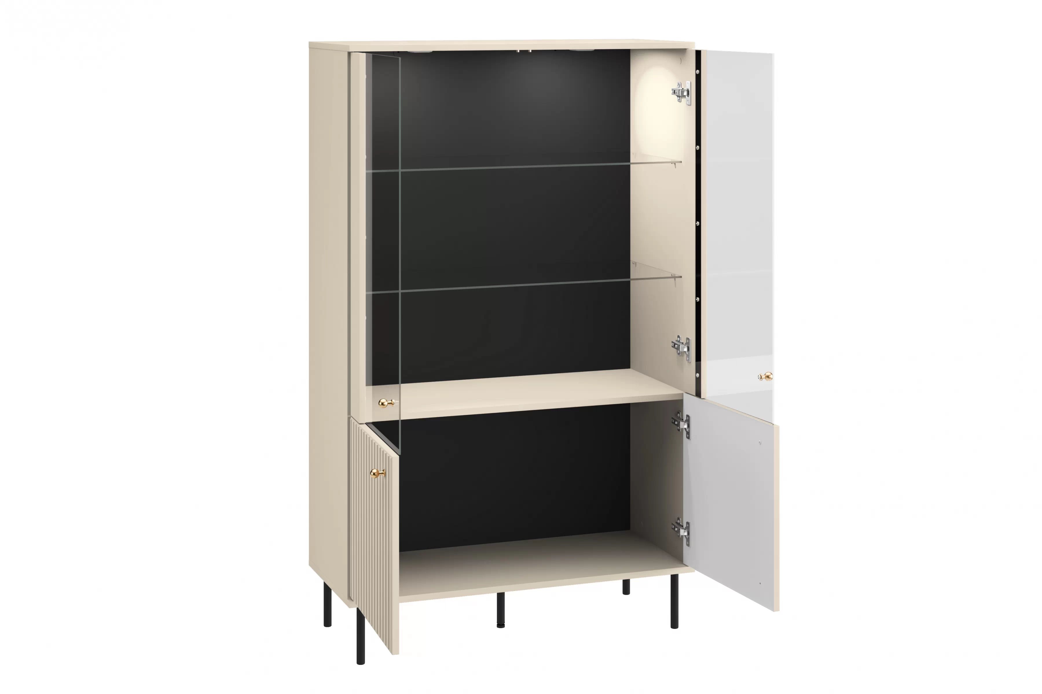 Stojací vitrína Jamuzi 92 cm - kašmírová / černé nožky Vitrína čtyřdveřová Jamuzi 03 s frézovanou přední částí - kašmír / černá nozki