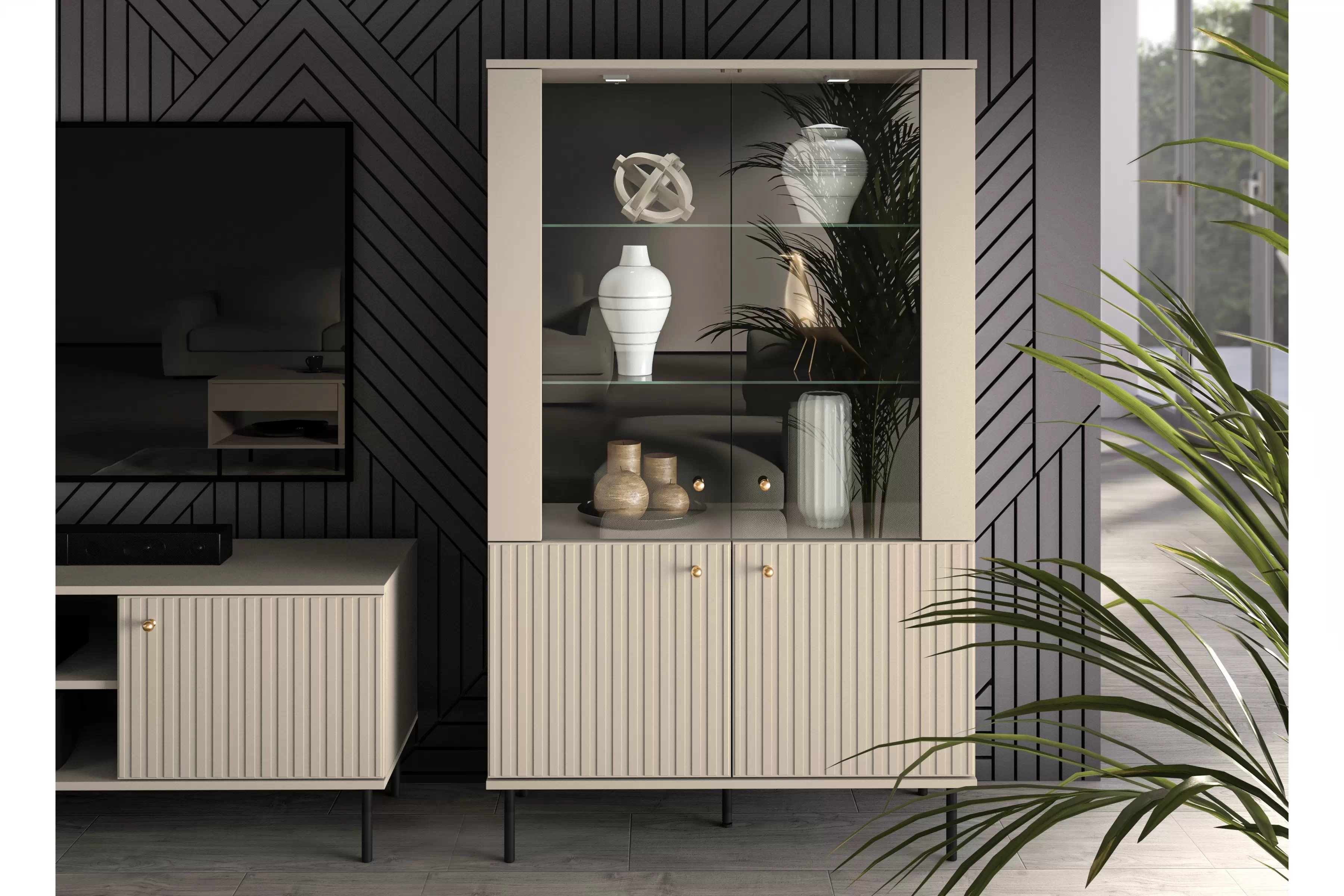 Stojací vitrína Jamuzi 92 cm - kašmírová / černé nožky Vitrína čtyřdveřová Jamuzi 03 s frézovanou přední částí - kašmír / černá nozki