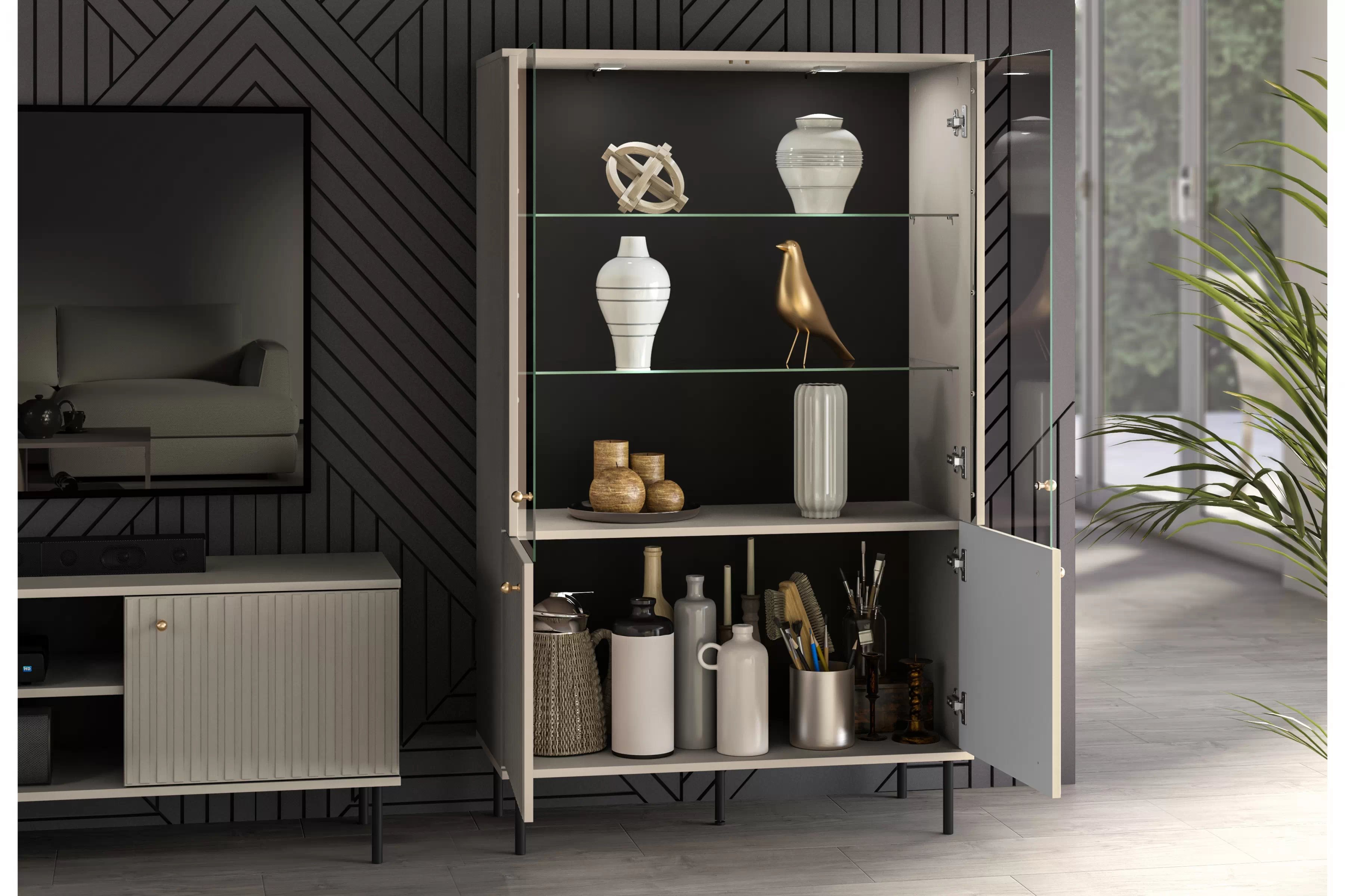 Stojací vitrína Jamuzi 92 cm - kašmírová / černé nožky Vitrína čtyřdveřová Jamuzi 03 s frézovanou přední částí - kašmír / černá nozki