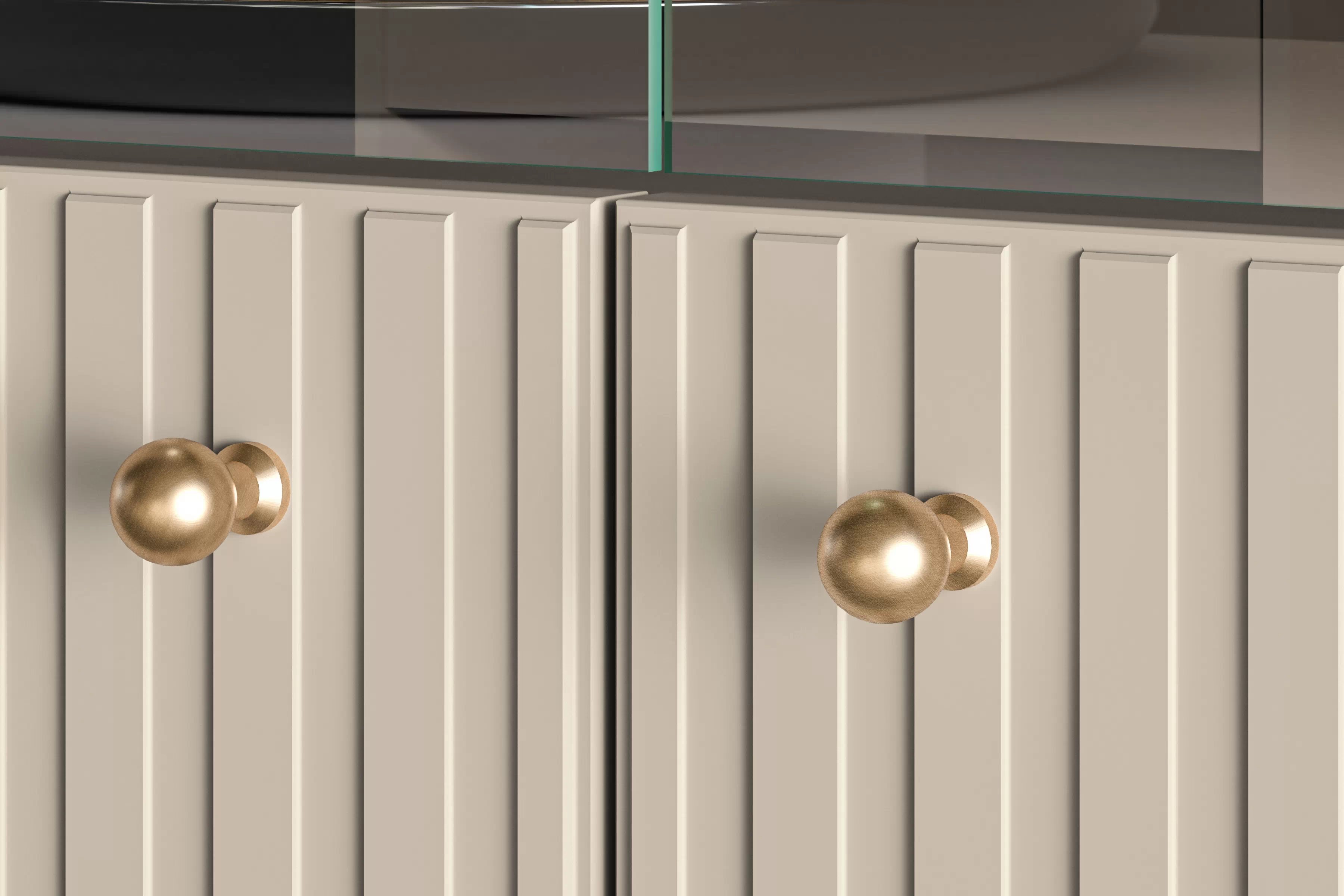 Stojací vitrína Jamuzi 92 cm - kašmírová / černé nožky Vitrína čtyřdveřová Jamuzi 03 s frézovanou přední částí - kašmír / černá nozki