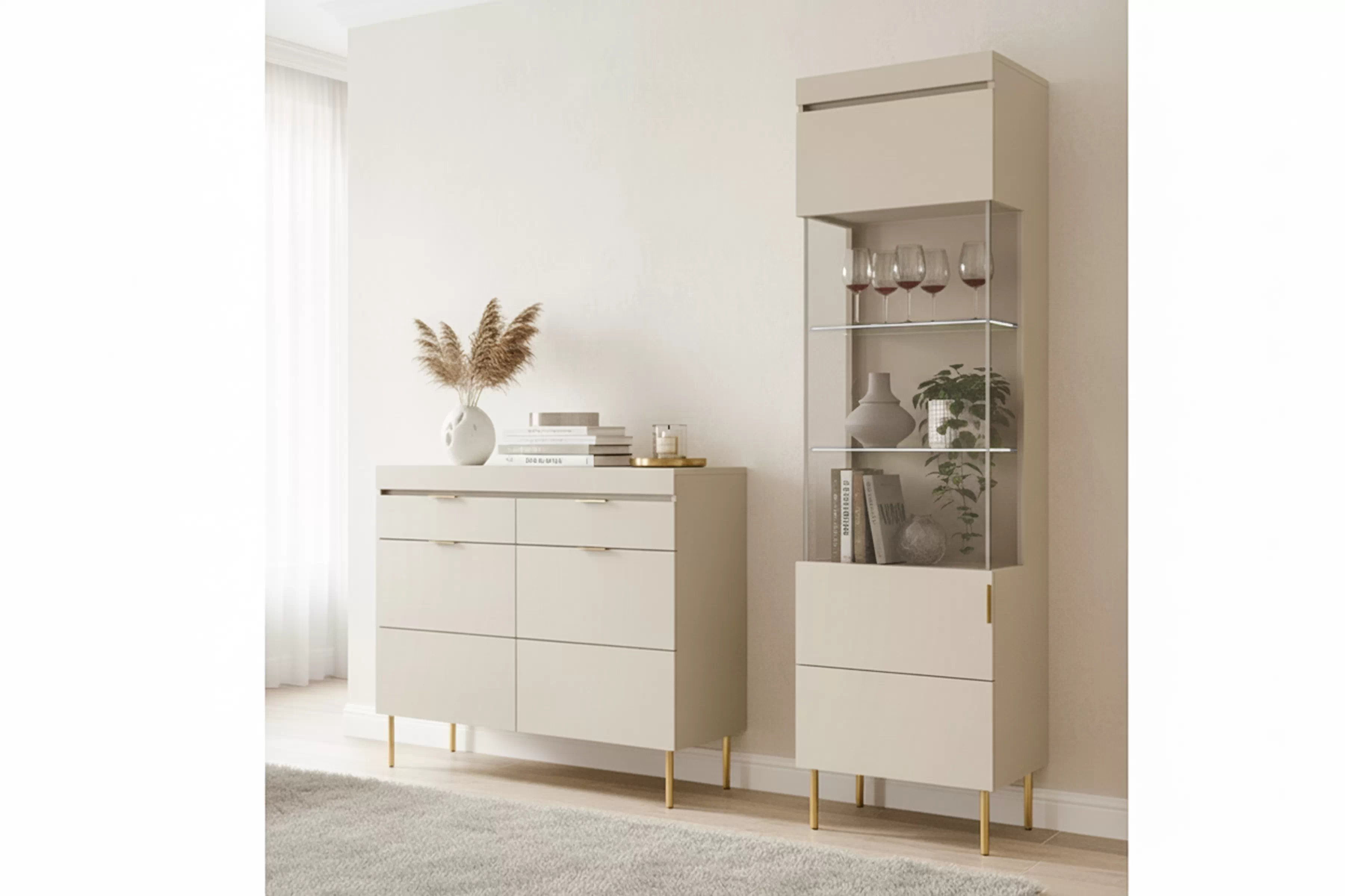 Vitrína Sentia 53 cm - kašmírová / zlatá Vitrína pro obývacího pokoje Sentia 1D - kašmír / zlatá 