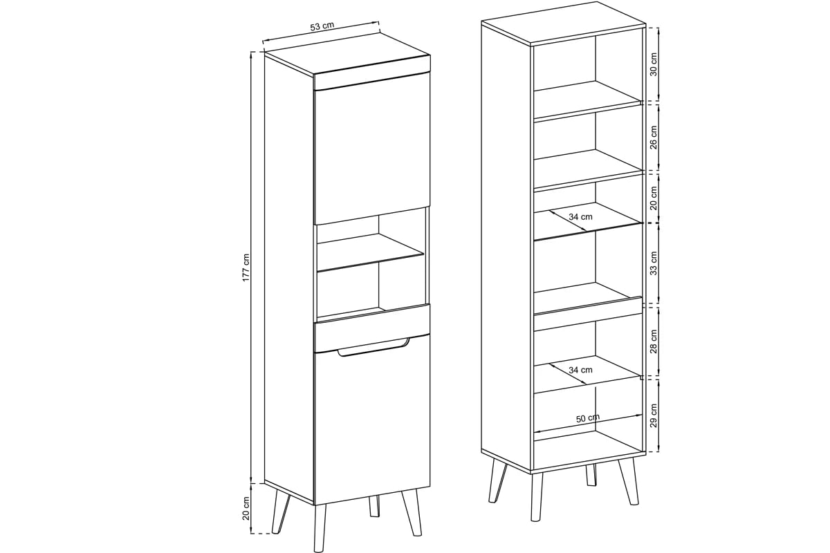 Dvoudveřová vitrína Dorin - bílý lesk / dub riviera - výprodej Vitrína Dorin 53 - Rozměry