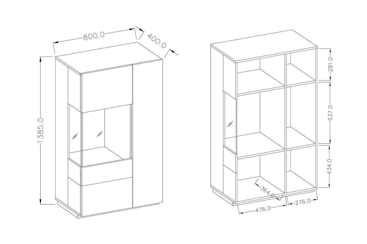 Dvoudveřová vitrína levá Silke 42 - bílý lesk / dub wotan Vitrína dvoudveřová Levá Silke 42 - Bílý lesk / Dub wotan - Rozměry