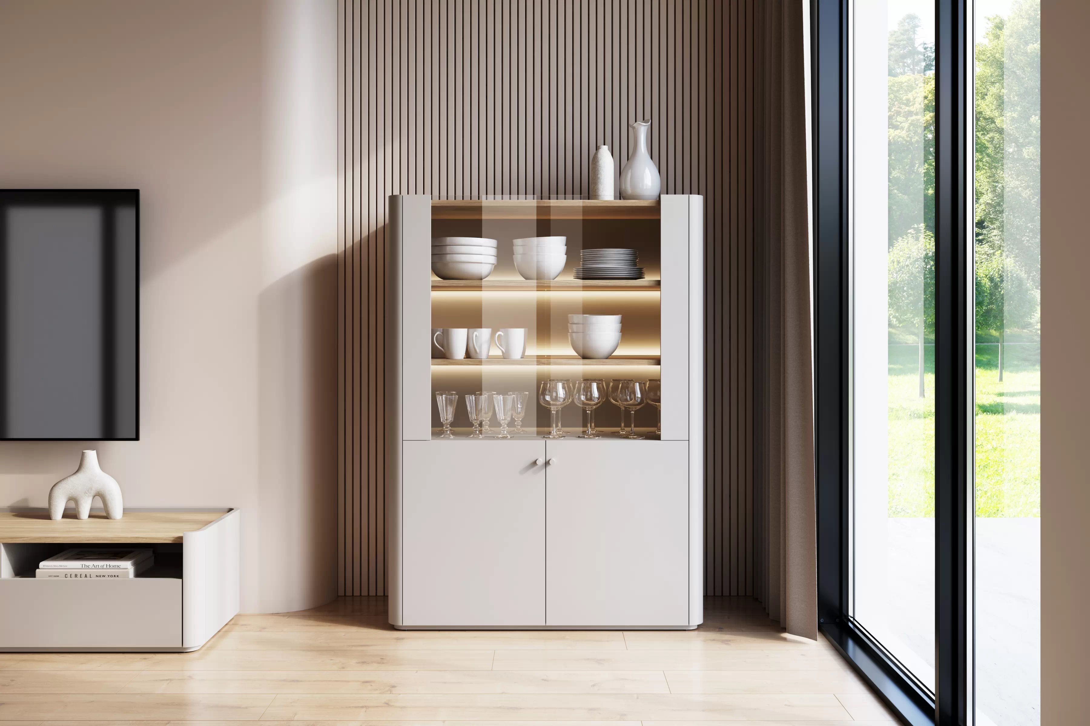 Vitrína Elivo 100 cm dvoudveřová - kašmír / olejovaný dub Vitrína Elivo 100 cm - kašmír / dub olejowany