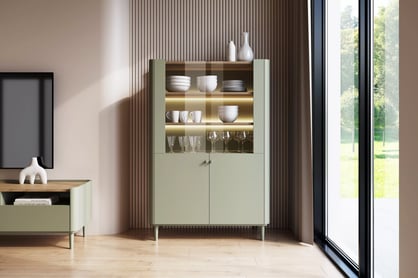 Vitrína Elivo 100 cm dvoudveřová na nožkách - eukalyptus / dub baltic dune Vitrína Elivo 100 cm na nožkách - eukaliptus / dub baltic dune