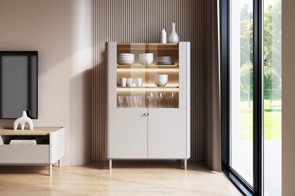 Vitrína Elivo 100 cm dvoudveřová na nožkách - kašmír / olejovaný dub Vitrína Elivo 100 cm na nožkách - kašmír / dub olejowany