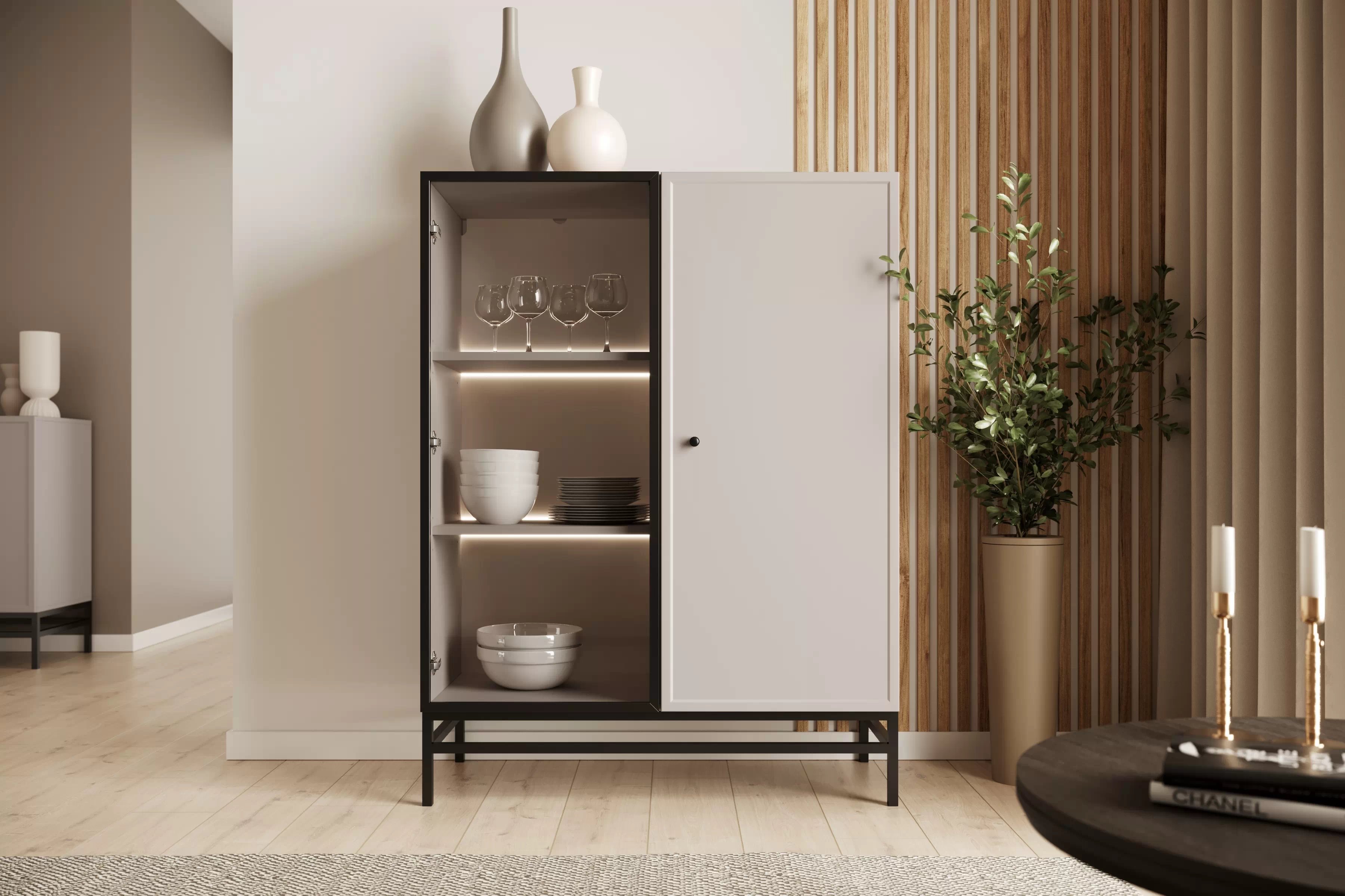 Vitrína Lorini 100 cm na podstavci - kašmírová / černá úchytka Vitrína Lorini pro obývacího pokoje 100 cm - kašmír / černá uchwyt / Rošt