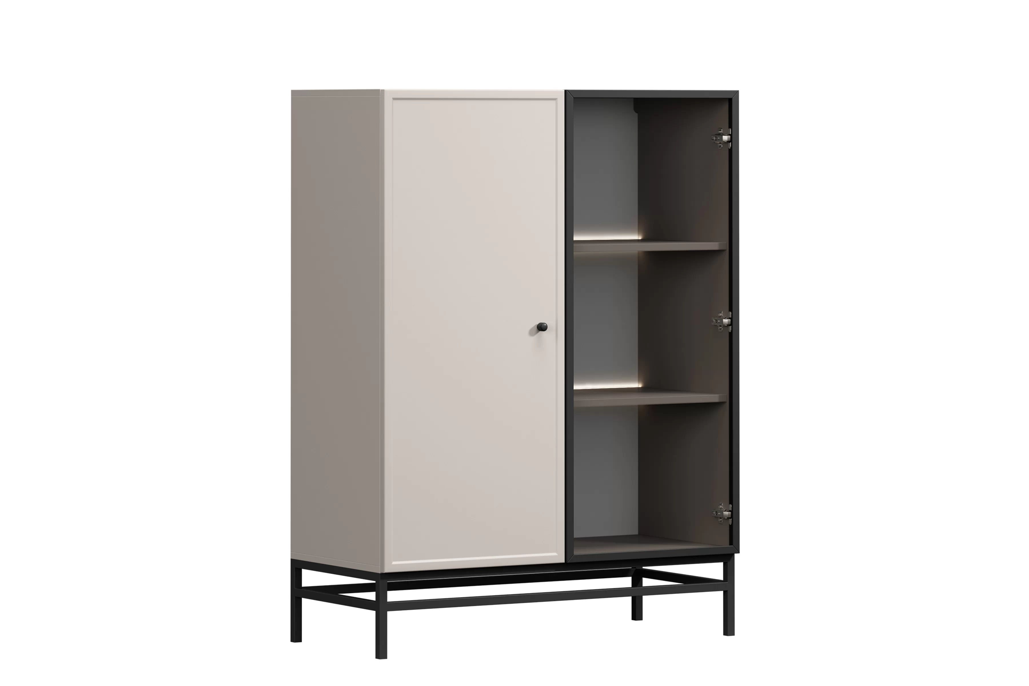 Vitrína Lorini 100 cm dvoudveřová na podstavci - kašmír / černá rukojeť / podstavec Vitrína Lorini pro obývacího pokoje 100 cm - kašmír / černá uchwyt / Rošt