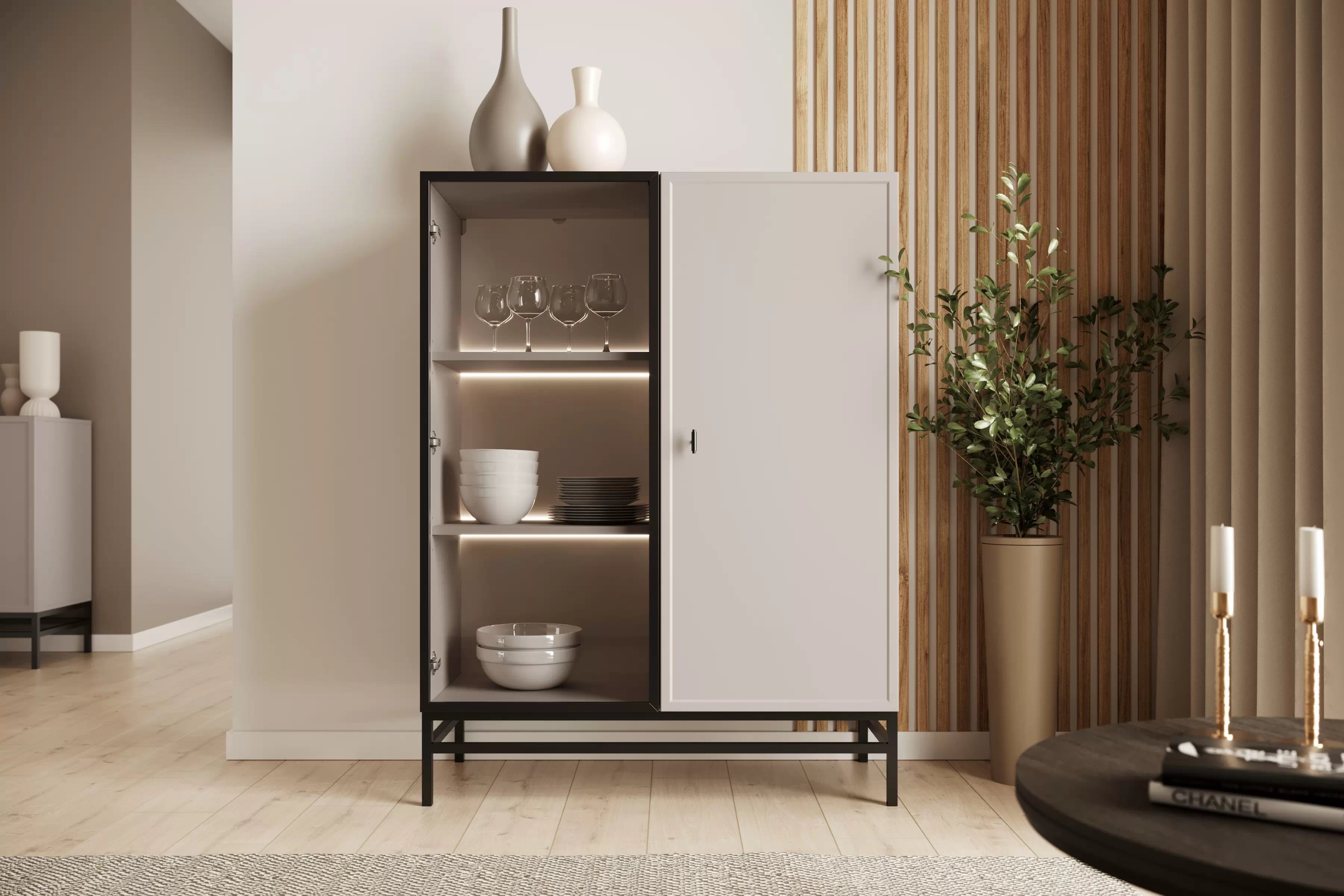 Vitrína Lorini 100 cm na podstavci - kašmírová / černá úchytka T-bar Vitrína Lorini pro obývacího pokoje 100 cm - kašmír / černá uchwyt T-bar / Rošt