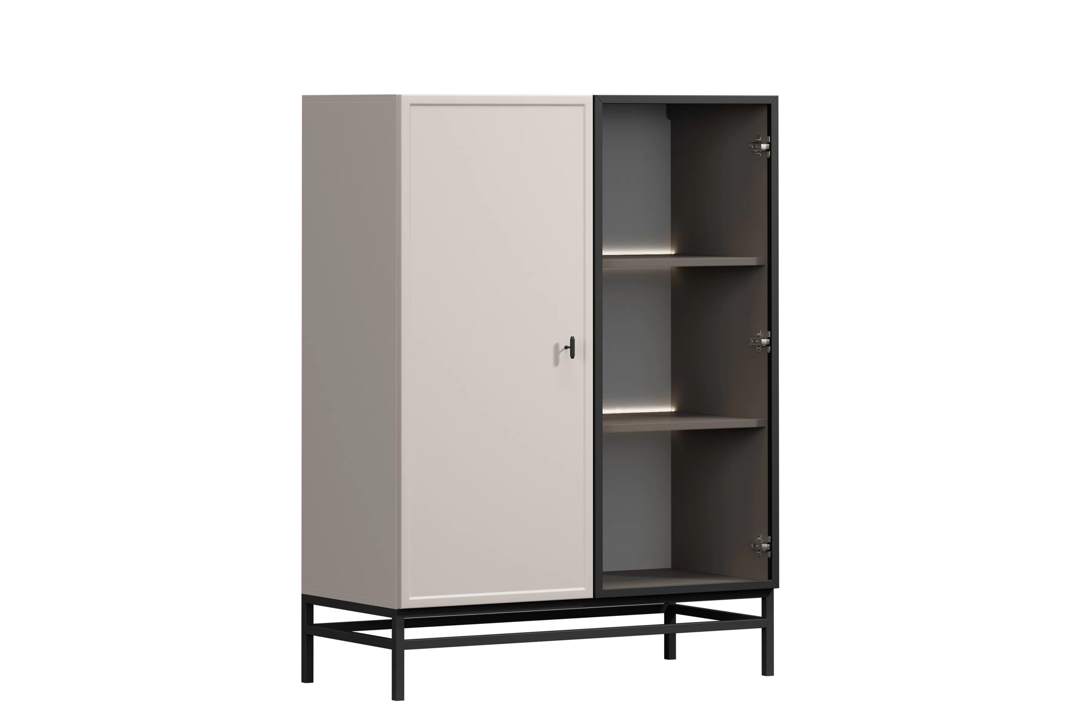 Vitrína Lorini 100 cm dvoudveřová na podnoží - kašmír / černá T-bar úchytka / podnoží Vitrína Lorini pro obývacího pokoje 100 cm - kašmír / černá uchwyt T-bar / Rošt