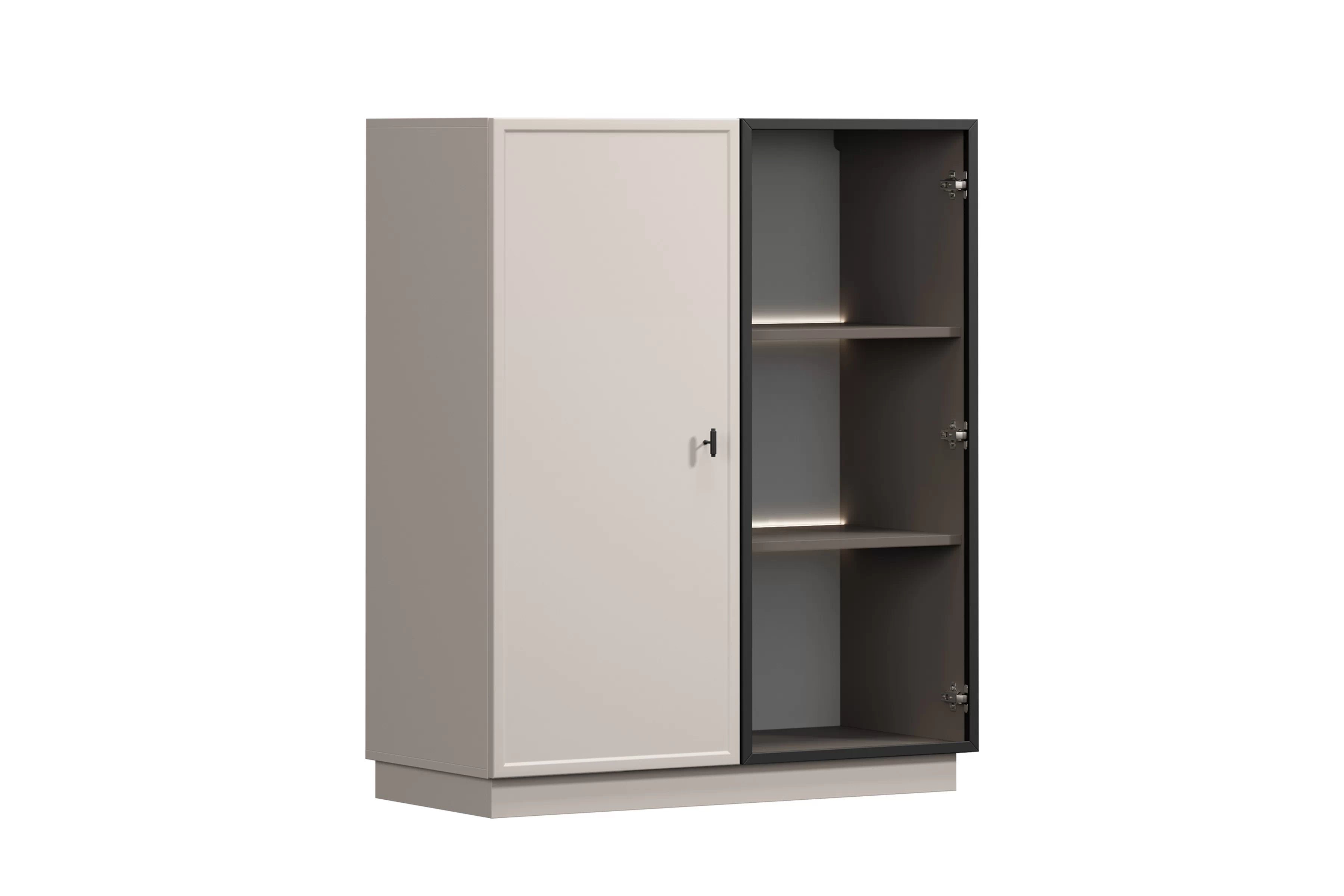 Vitrína Lorini 100 cm dvoudveřová na soklu - kašmír / černá úchytka T-bar Vitrína Lorini pro obývacího pokoje 100 cm - kašmír / černá uchwyt T-bar