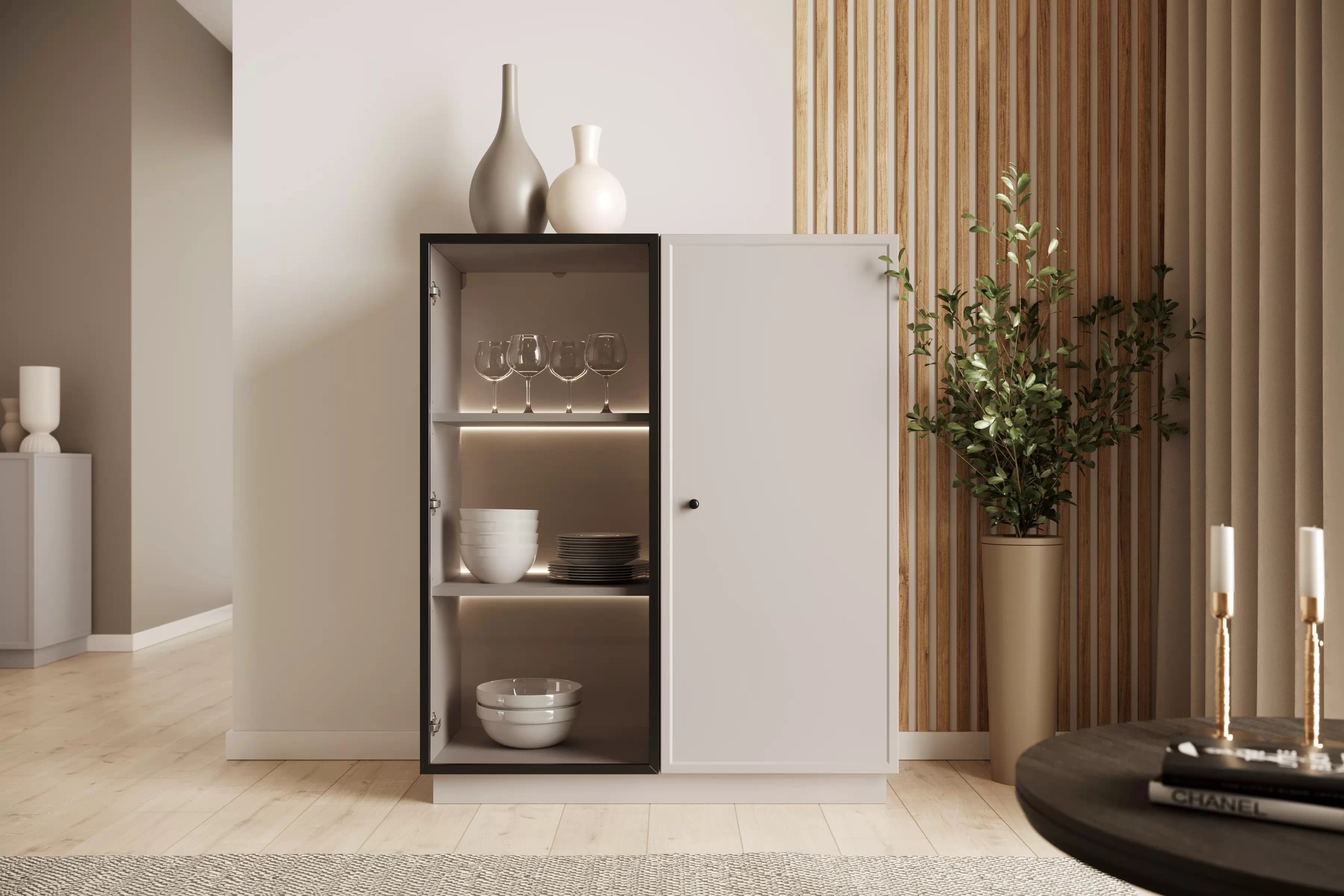 Vitrína Lorini 100 cm - kašmírová / černá úchytka Vitrína Lorini pro obývacího pokoje 100 cm - kašmír / černá uchwyt