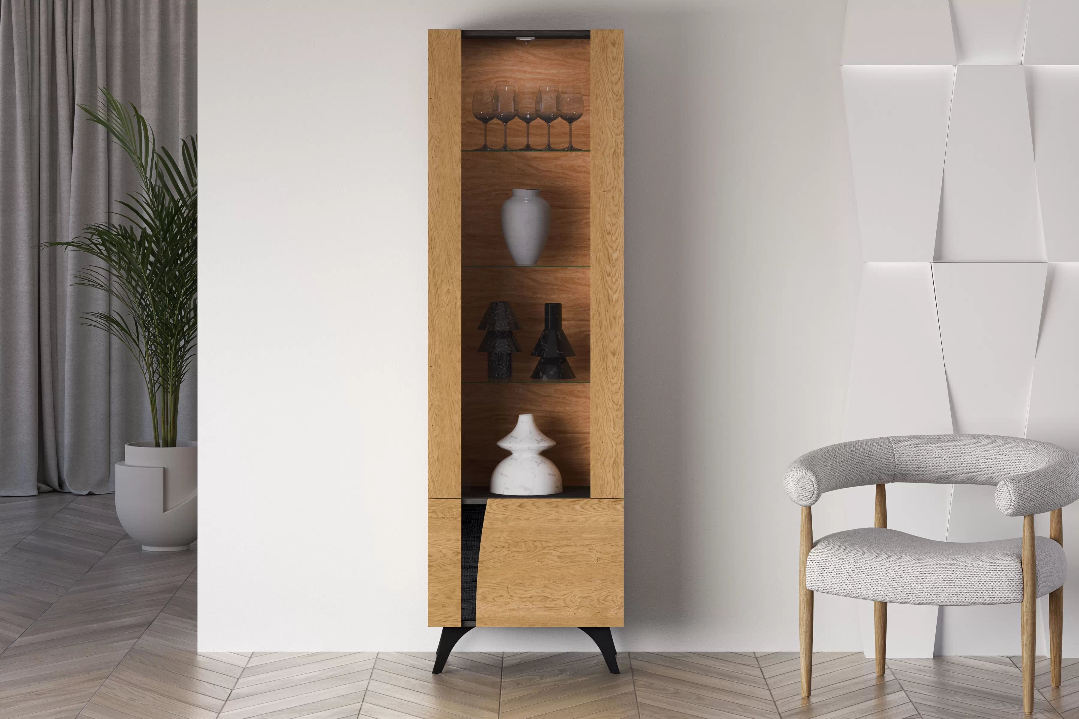 Vitrína Natina 02 pravá 58 cm - dub baltic dune Vitrína Natina 02 Pravostranná 58 cm - Dub baltic dune / Jaseň portland Čierny