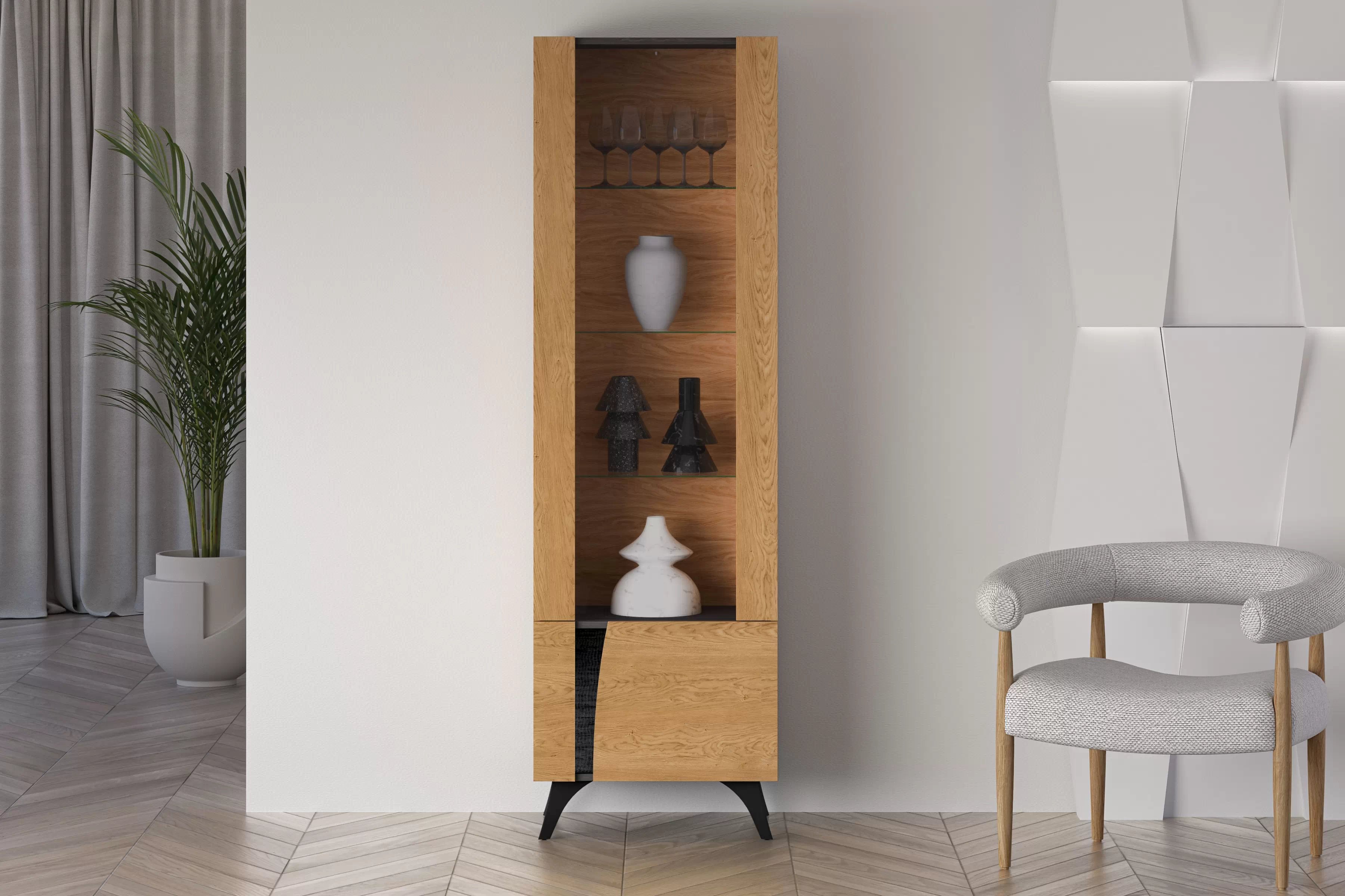 Vitrína Natina 02 pravá 58 cm - dub baltic dune Vitrína Natina 02 Pravostranná 58 cm - Dub baltic dune / Jaseň portland Čierny