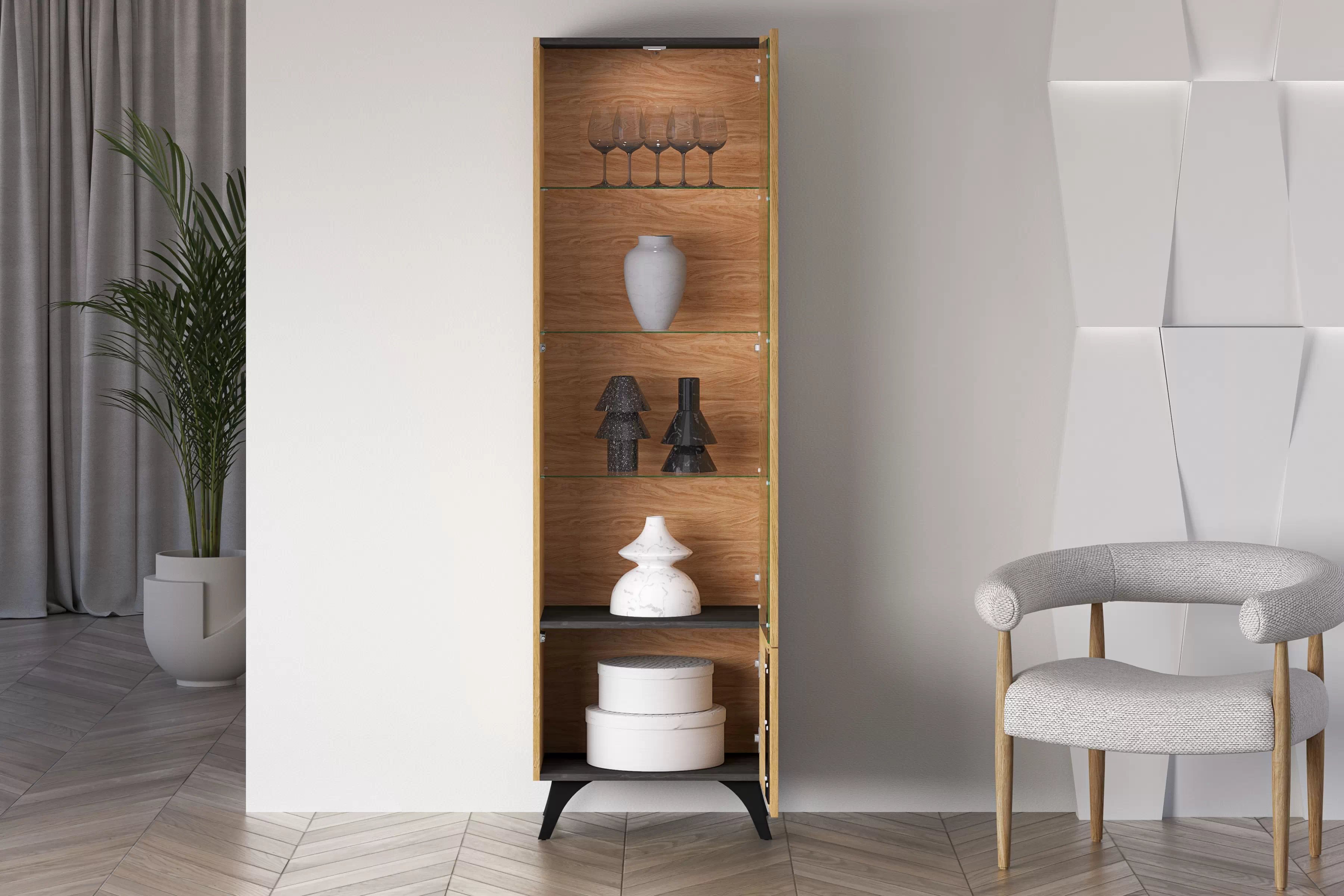 Vitrína Natina 02 pravá 58 cm - dub baltic dune Vitrína Natina 02 Pravostranná 58 cm - Dub baltic dune / Jaseň portland Čierny