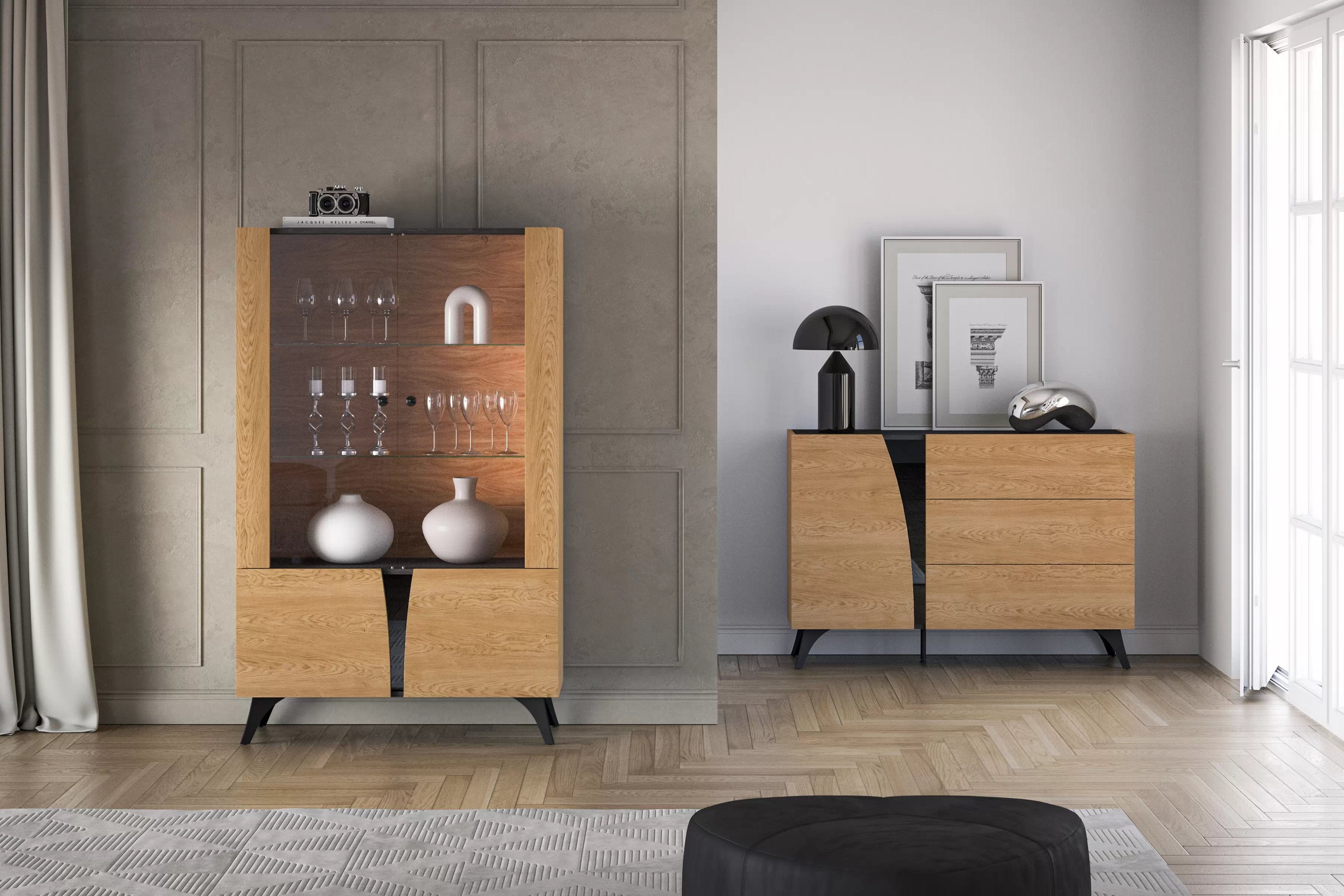 Vitrína Natina 03 - 95 cm - dub baltic dune / čierny jaseň portland Vitrína Natina 03 - 95 cm - Dub baltic dune / Jaseň portland Čierny