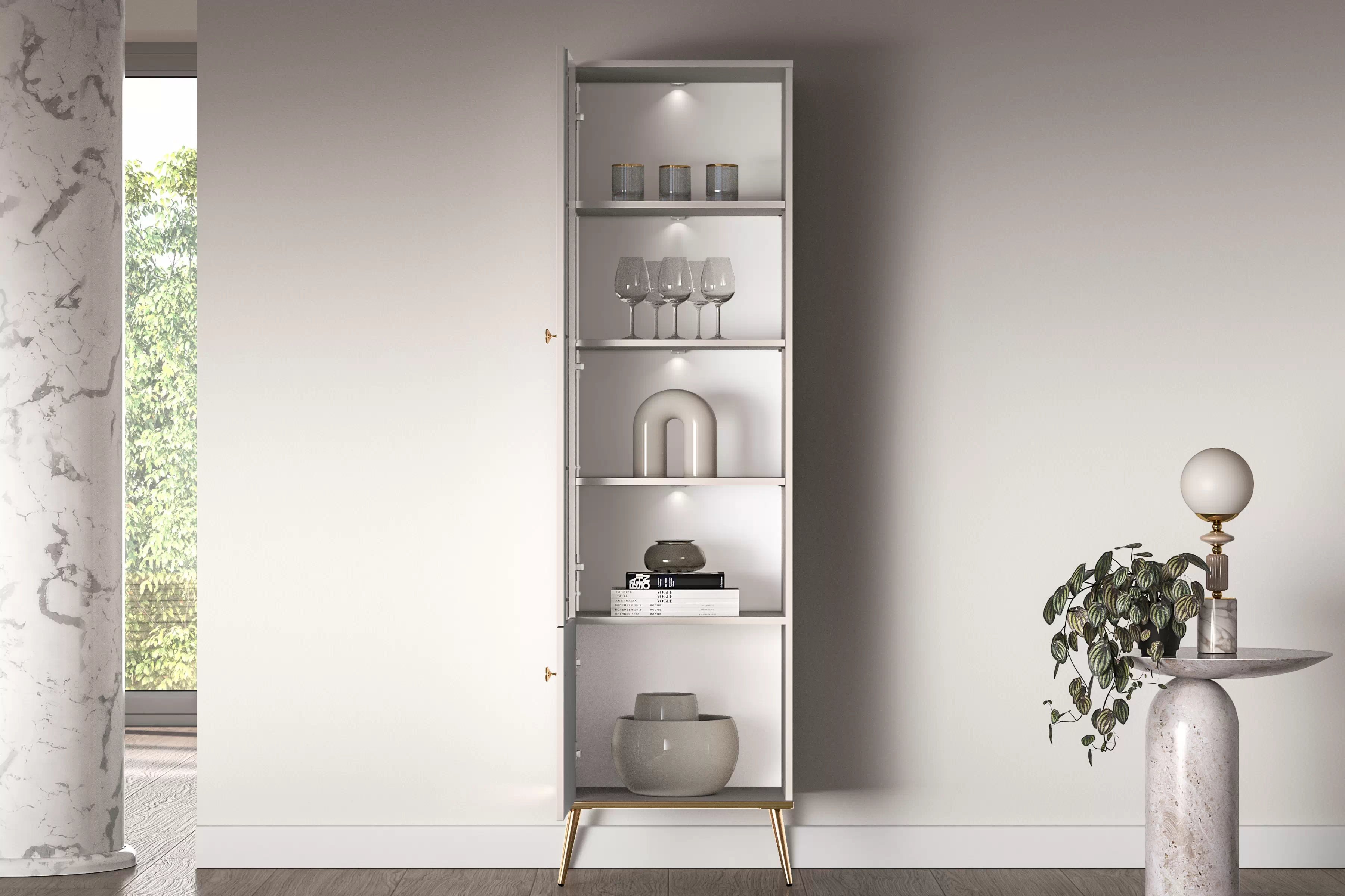 Vitrína Narelli 01 55 cm - kašmír / zlaté nožičky Vitrína Nerelli 01 so zásuvkami 55 cm - kašmír / zlote nožičky