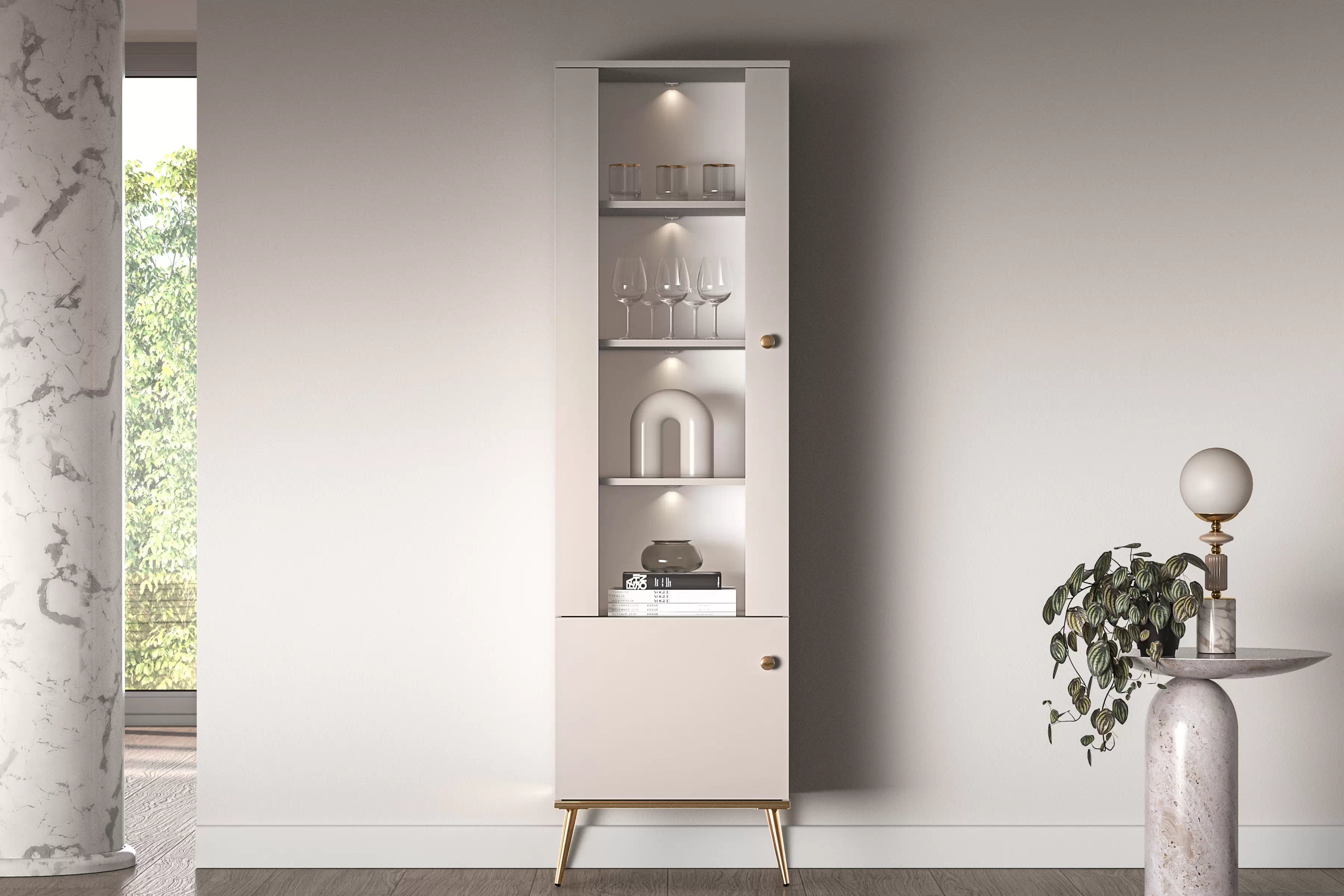 Vitrína Narelli 01 55 cm - kašmír / zlaté nožičky Vitrína Nerelli 01 so zásuvkami 55 cm - kašmír / zlote nožičky