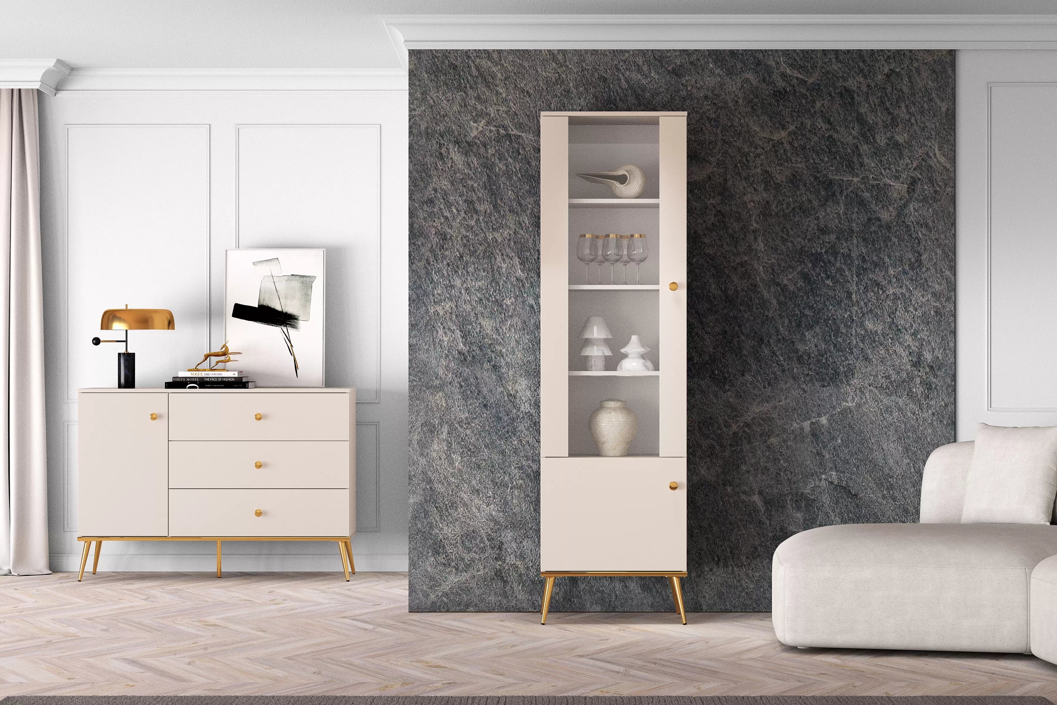 Vitrína Narelli 01 55 cm - kašmír / zlaté nožičky Vitrína Nerelli 01 so zásuvkami 55 cm - kašmír / zlote nožičky