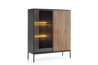 Nízká vitrína Bogalo s frézovanými čely a LED osvětlením - černý / dub wotan