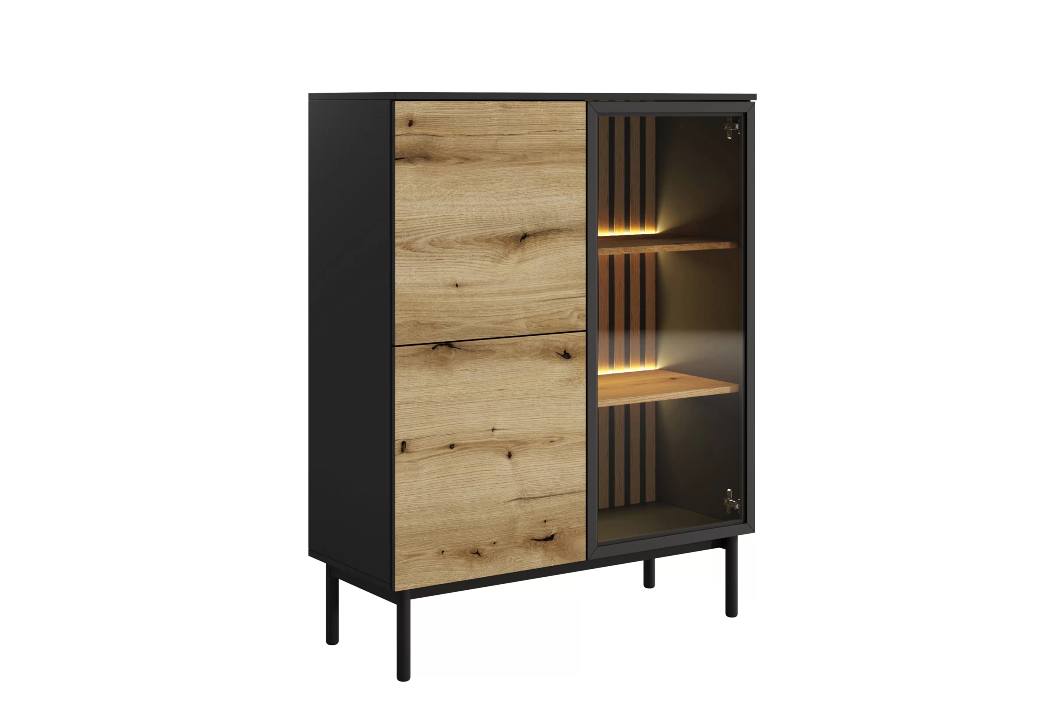 Nízka vitrína Noro 100 cm s LED osvetlením - dub evoke / čierna Vitrína nízka Noro 100 cm s osvetlením LED - Dub evoke / Čierny