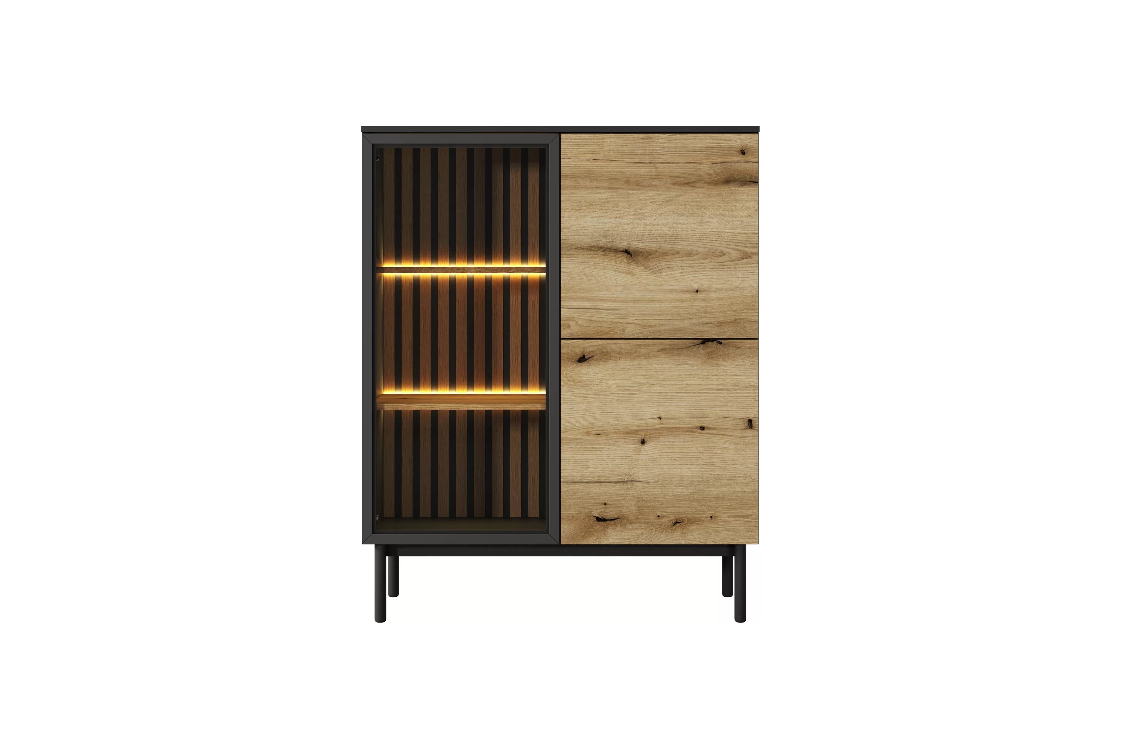 Nízka vitrína Noro 100 cm s LED osvetlením - dub evoke / čierna Vitrína nízka Noro 100 cm s osvetlením LED - Dub evoke / Čierny