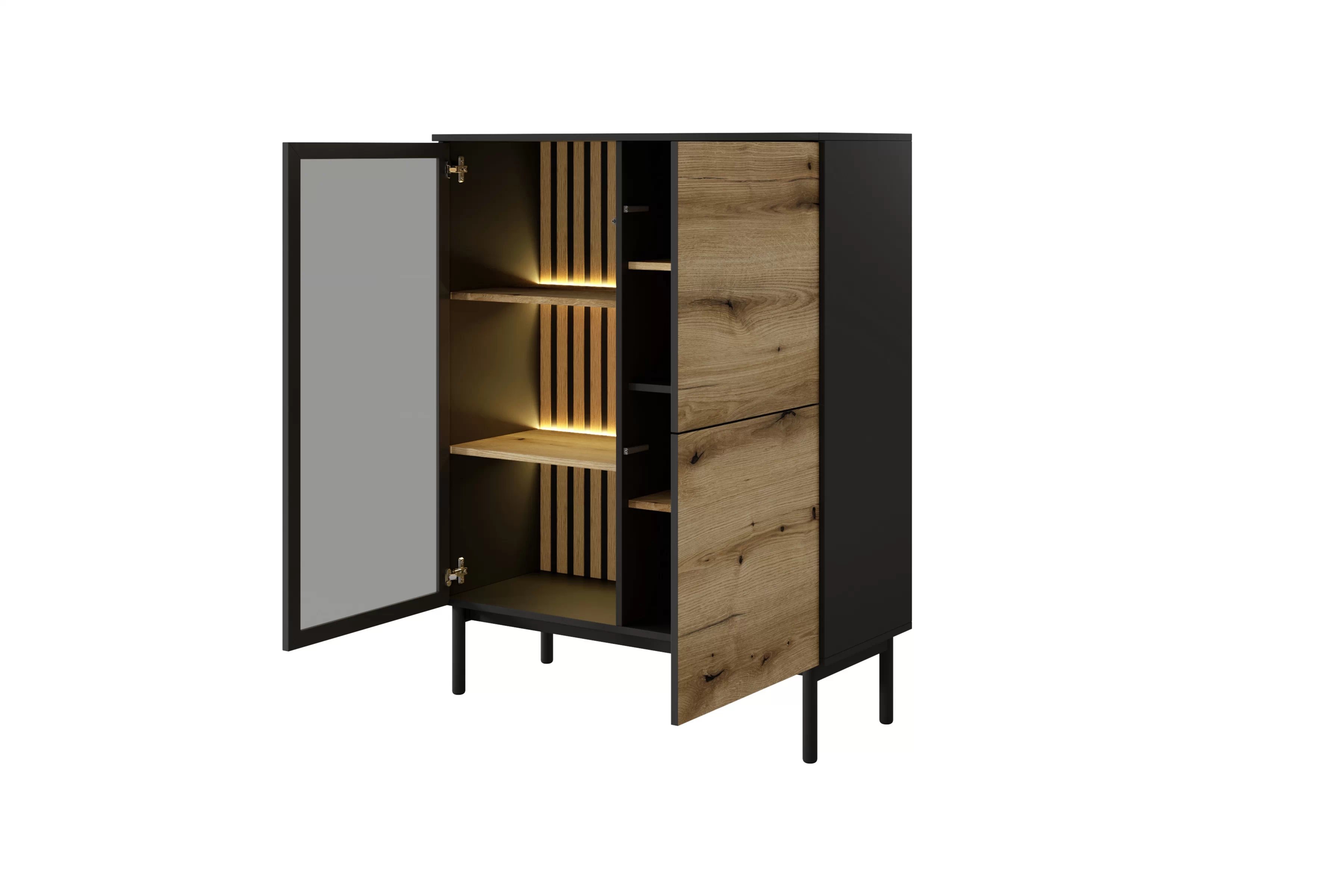 Nízka vitrína Noro 100 cm s LED osvetlením - dub evoke / čierna Vitrína nízka Noro 100 cm s osvetlením LED - Dub evoke / Čierny